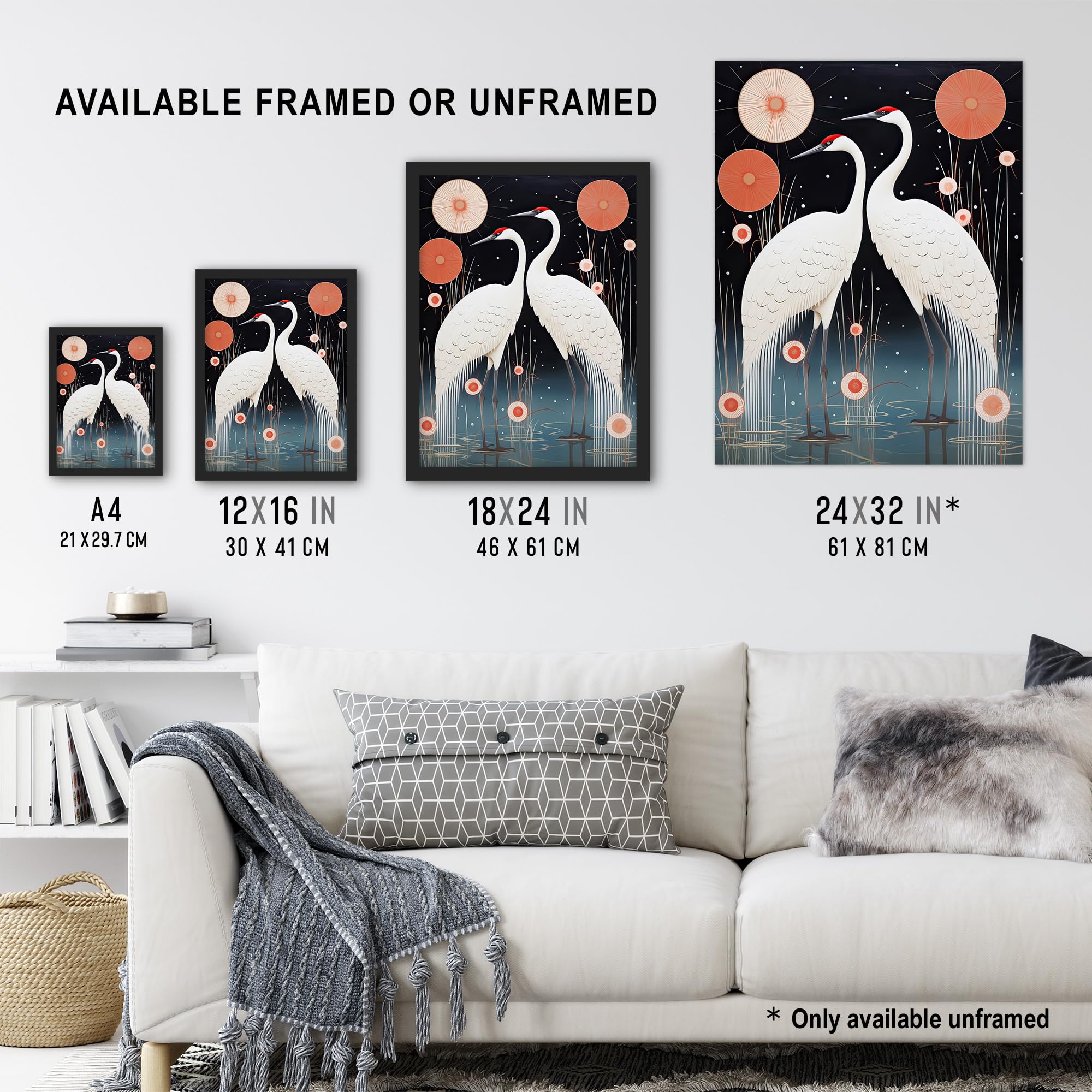 Artery8 Japanese Cranes Oil Painting Pink Blue White Birds and Abstract Flowers Surreal Lake Landscape at Night Extra Large XL Wall Art Poster Print - Image 3