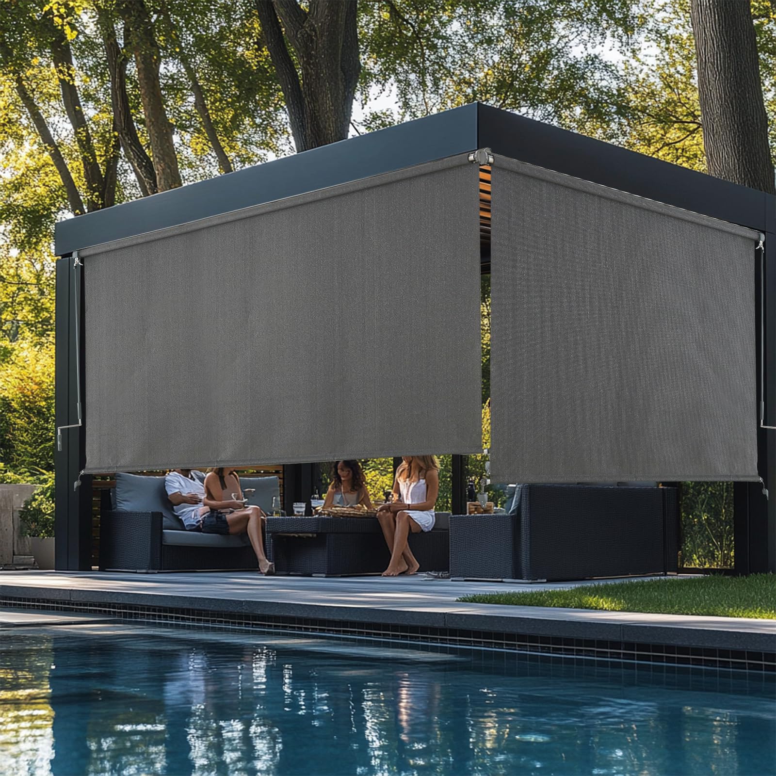 outdoor roller shades-cordless patio roller up blinds with shade cloth for porch gazebo pergola balcony backyard-2 poles & 1 fabric-grey-48" wx72 h