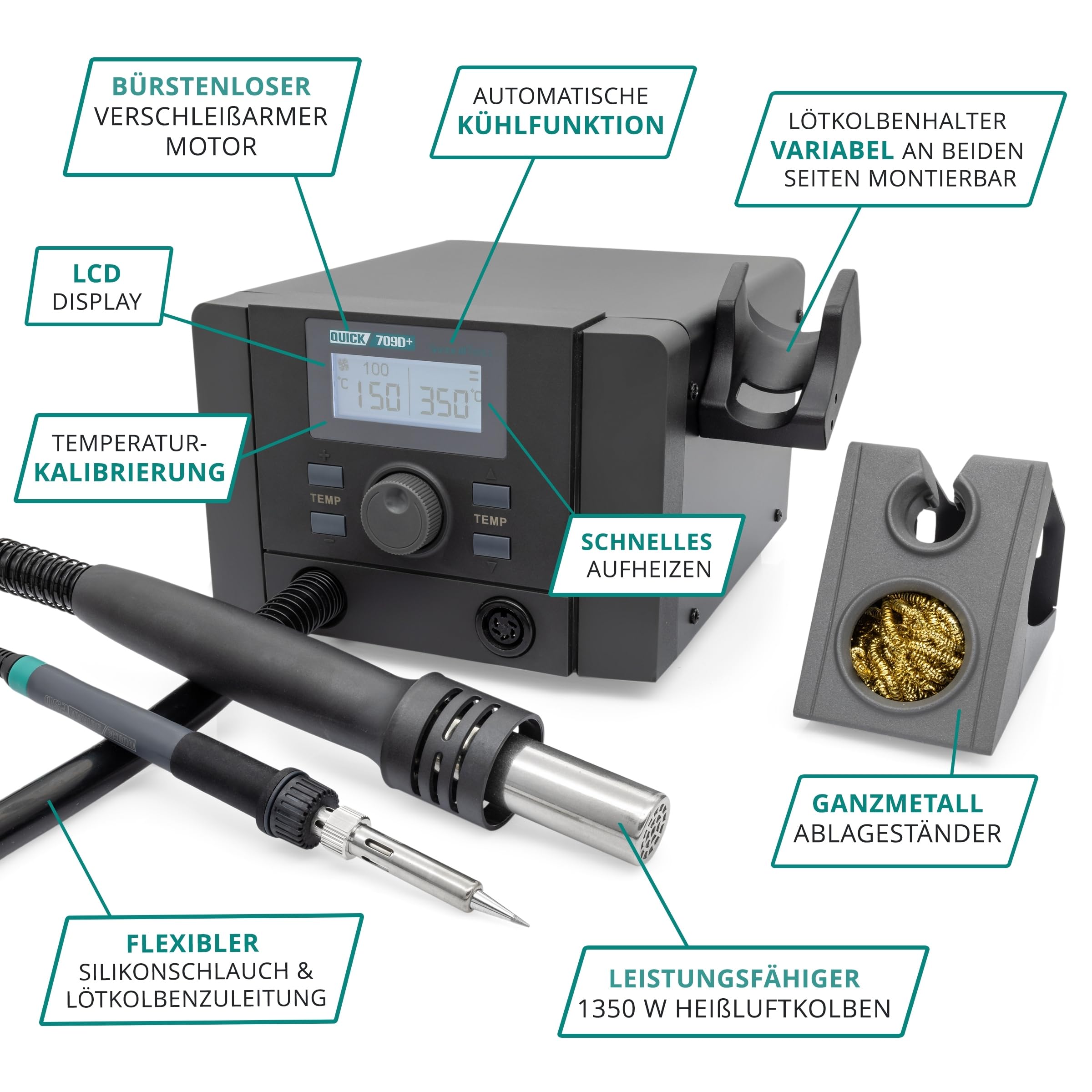 QUICK 709D+ 2in1 Reworkstation Sensor-geregelt und digital einstellbar 1350 Watt, Heißluft 100-500°C bis 50L/Min, 70 Watt Lötkolben bis 480°C - SMD Reworkstation - Standby - Auto-Kühlsystem