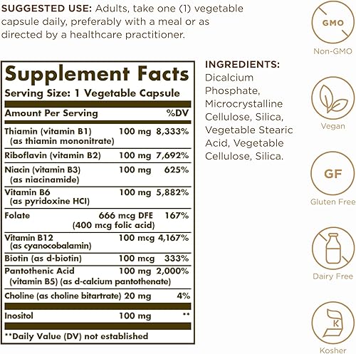 Miniatura 10 de Solgar B-Complex 100 50 cápsulas vegetales  Salud del corazón  Apoyo al sistema nervioso  Apoyo al metabolismo energético  Sin OMG vegano sin gluten
