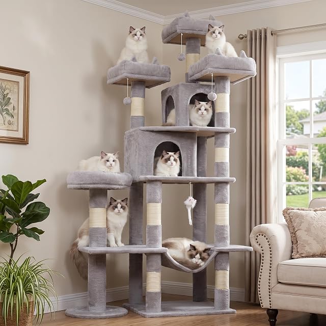 Arbre de chat, lourd service pour le chat intérieur, 71 Grande tour de chat de pouce avec poste d'éraflure et perche supérieure, Hammock, Condo de gros chat pour les chats adultes Kittens, gris, PMT03GY