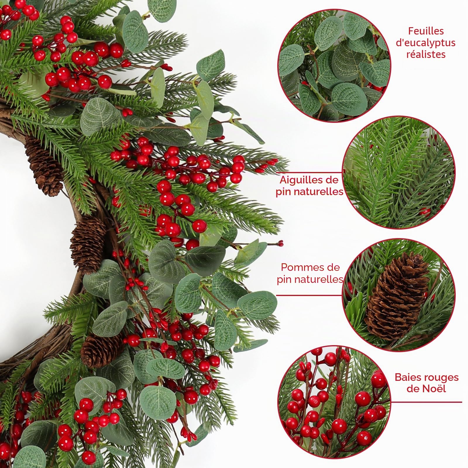 Betylifoy Couronnes de Noël Grande 60CM Couronne de Porte d'entrée de Noël Guirlande de Ferme avec Pommes de Pin Baies Couronnes d'Eucalyptus pour Décorations de Noël pour la Maison