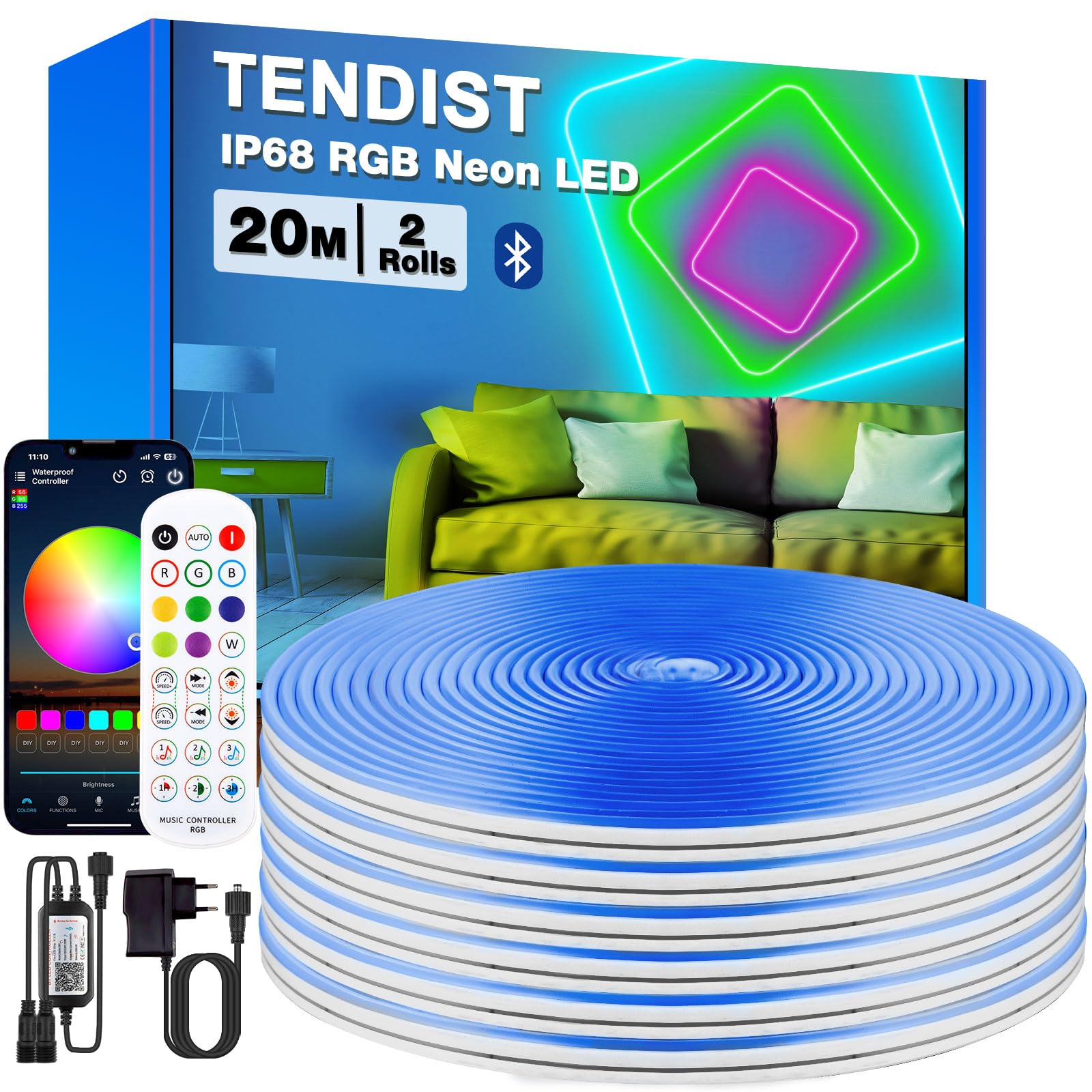 RGB Neon LED Strip Wasserdicht, IP68 LED Streifen Aussenbereich Schlauch mit Bluetooth und Smart App, Outdoor Neon Light Flexible Musik Sync für Garten, Balkon, Terrasse (2 * 10M)