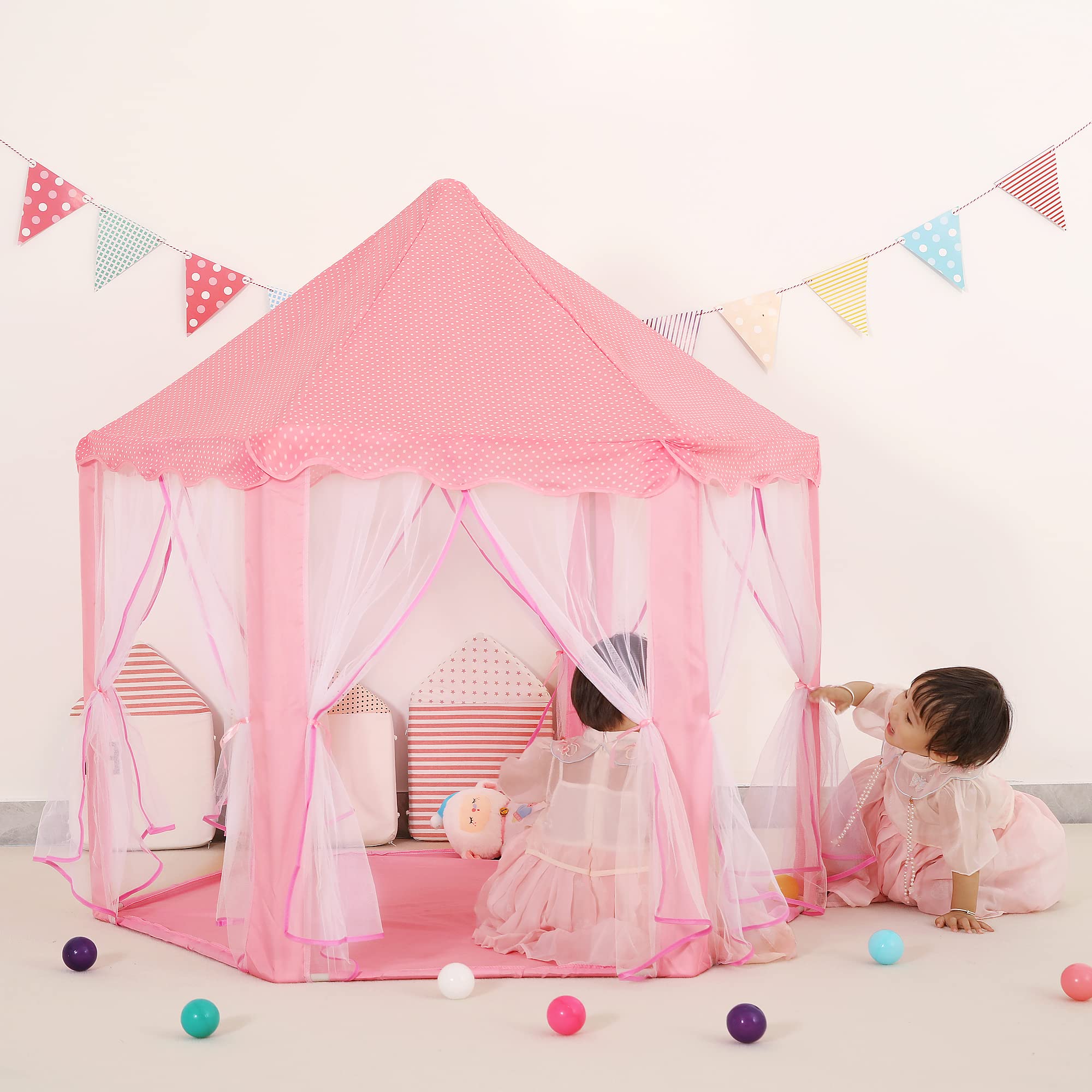 Tienda de campaña hexagonal de princesa | Incluye luces de estrella y estuche de transporte, casa de juegos grande para niños y niñas, niños pequeños, 55 pulgadas de profundidad x 55 5