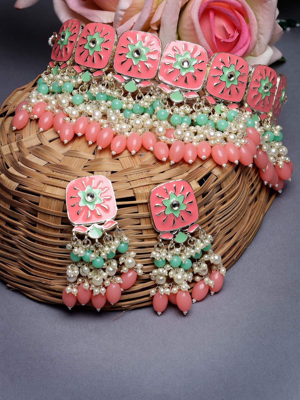 Enamel Multicolor Choker Necklace Set with Earrings