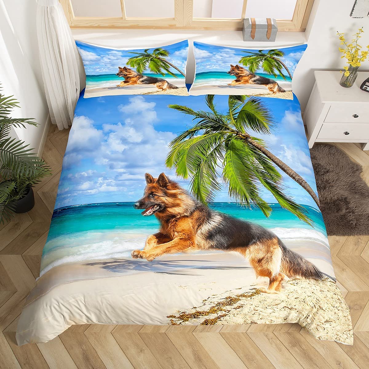 Youth Dog Print Bedding Set Ocean Beach Themed Comforter Cover for Boys Girls Kids Cute German Shepherd Decor Duvet Cover Soft Breathable Hawaiian Sea Palm Tree Bedspread Cover Single 2Pcs — image 1