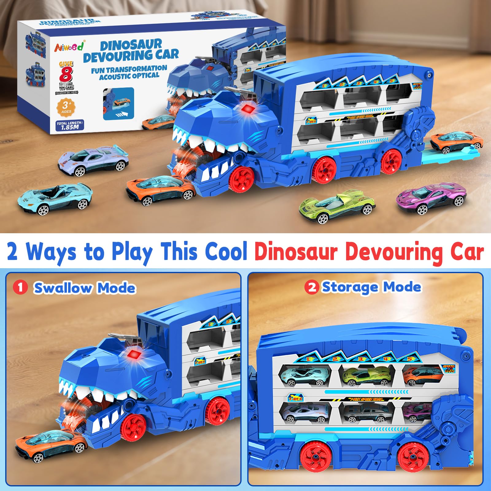 Ultimate Transporter - Juego de juguetes de pista de carreras de dinosaurios para niños, camión portador de 6 pies con 8 coches de juguete de metal fundido a presión, coche de carreras con