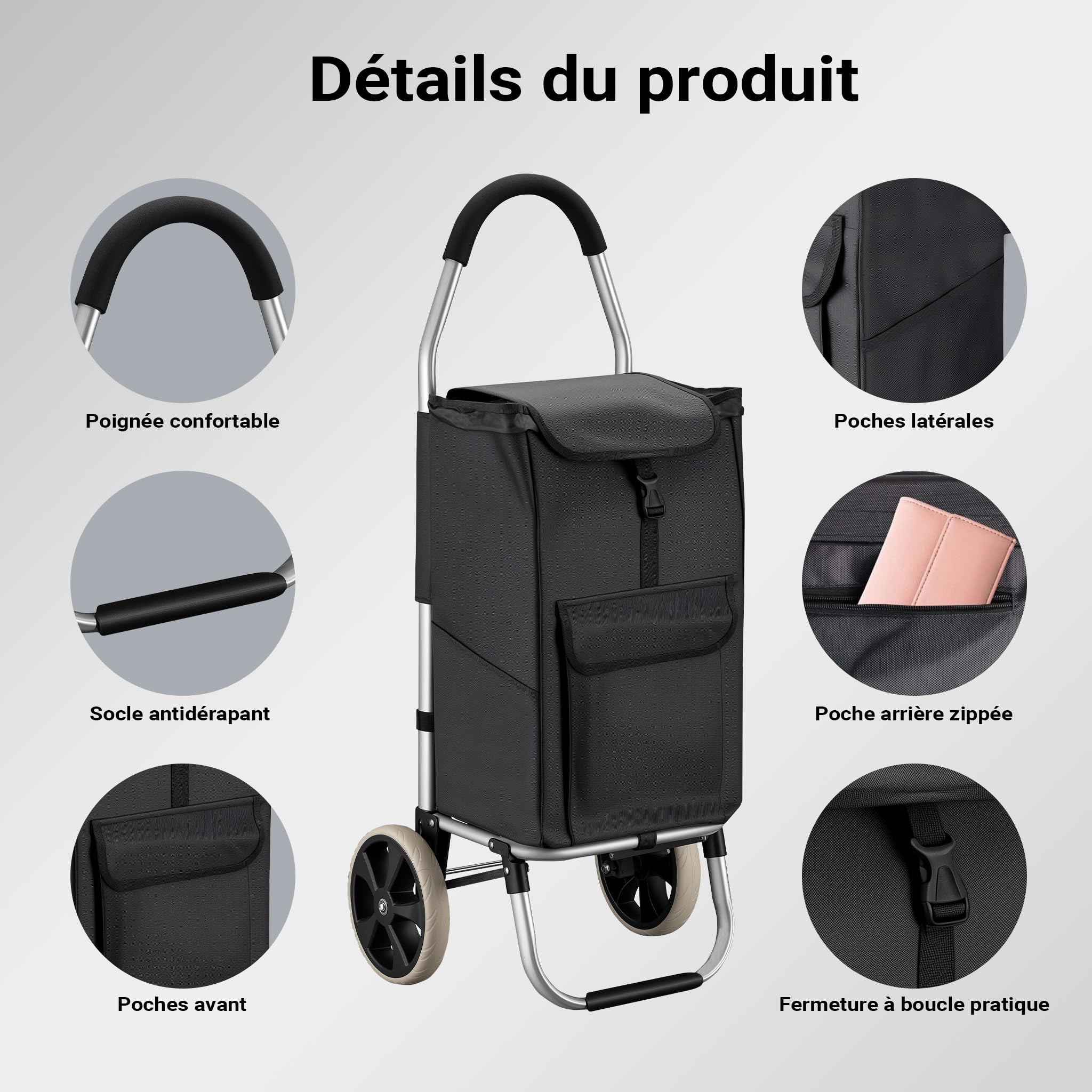 Wiltec Chariot de Course sur Roues – 36,5 x 44 x 103 cm – Pliable à 42 x 21 x 54 cm – Capacité de Poids 40 kg – en Aluminium et Polyester – Caddie de Course, Chariot Roulette Course