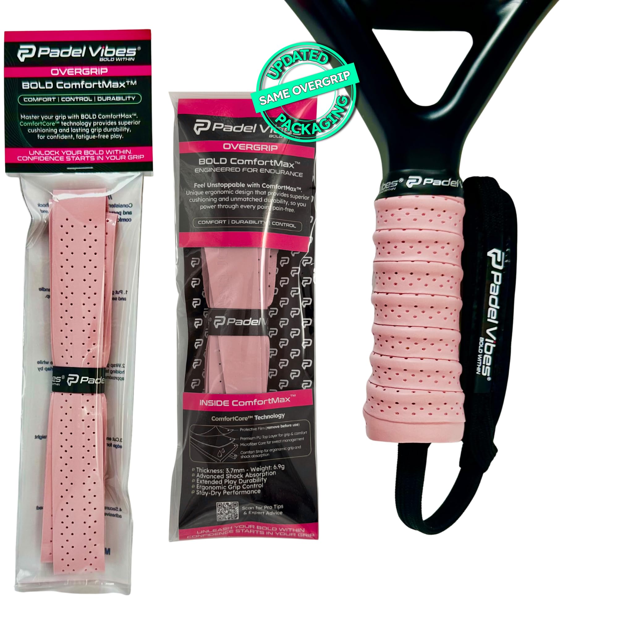 BOLD ComfortMax™ Overgrip | Overgrip perforato ed ergonomico per padel, tennis, badminton, squash, racketball, assorbe il sudore, antiscivolo, durevole