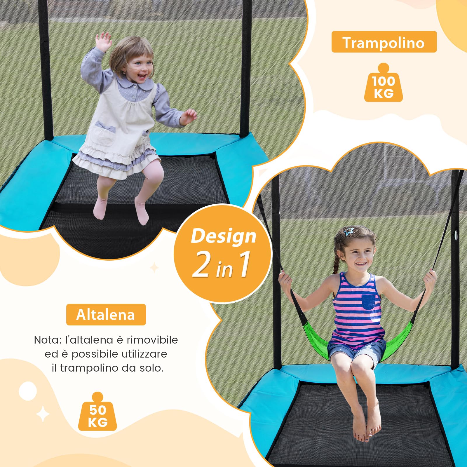 COSTWAY Tappeto Elastico per Bambini da Esterno ed Interno, Trampolino Rettangolare 190CM con Altalena e Rete di Sicurezza per Bambini più di 3 Anni, Portata 100kg