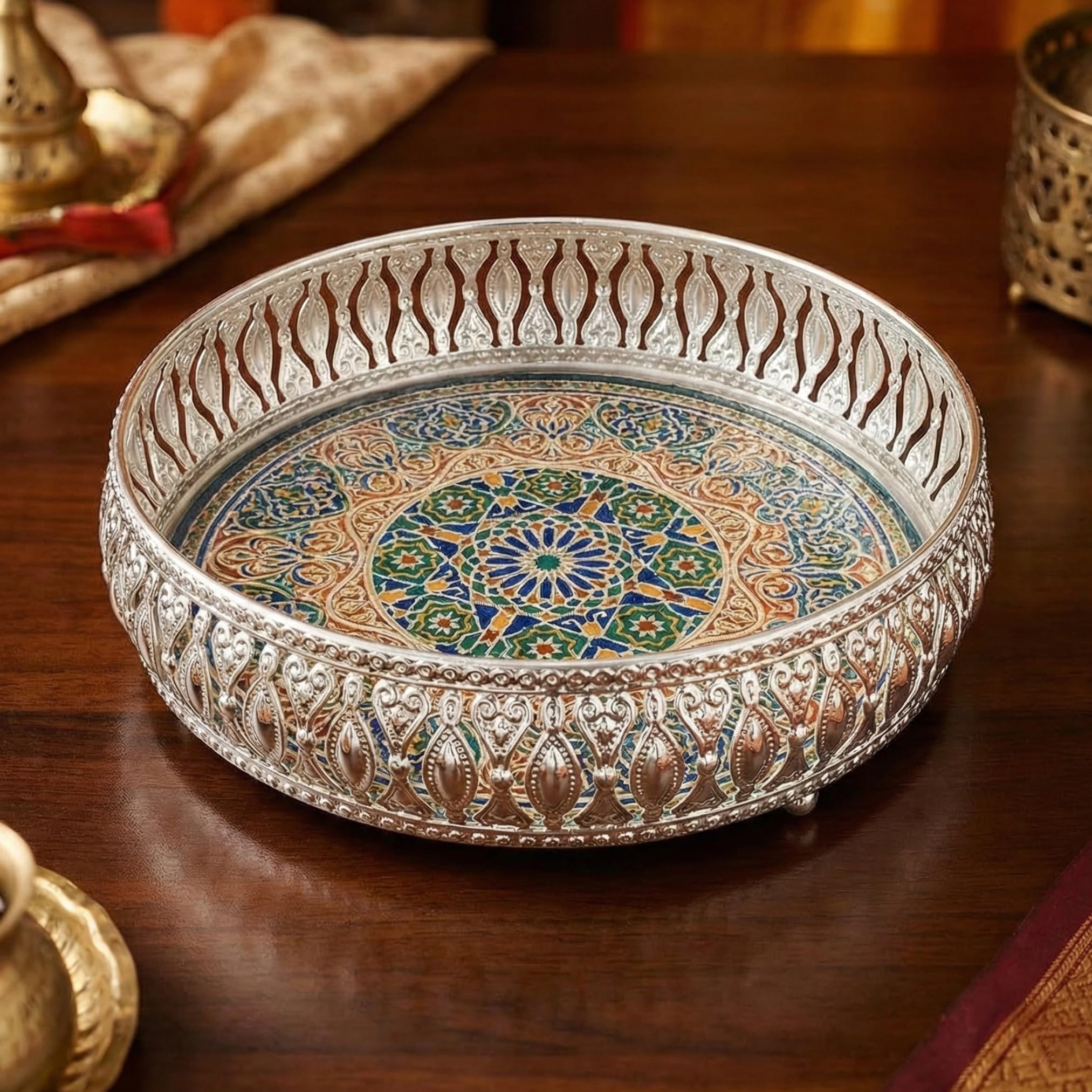 Premium 8-Inch German Silver Finish Pichwai Serving Tray – Intricate Filigree Rim & Traditional Mosaic Art Design – Decorative Round Platter for Coffee Table, Dry Fruits, & Gifting-image-13