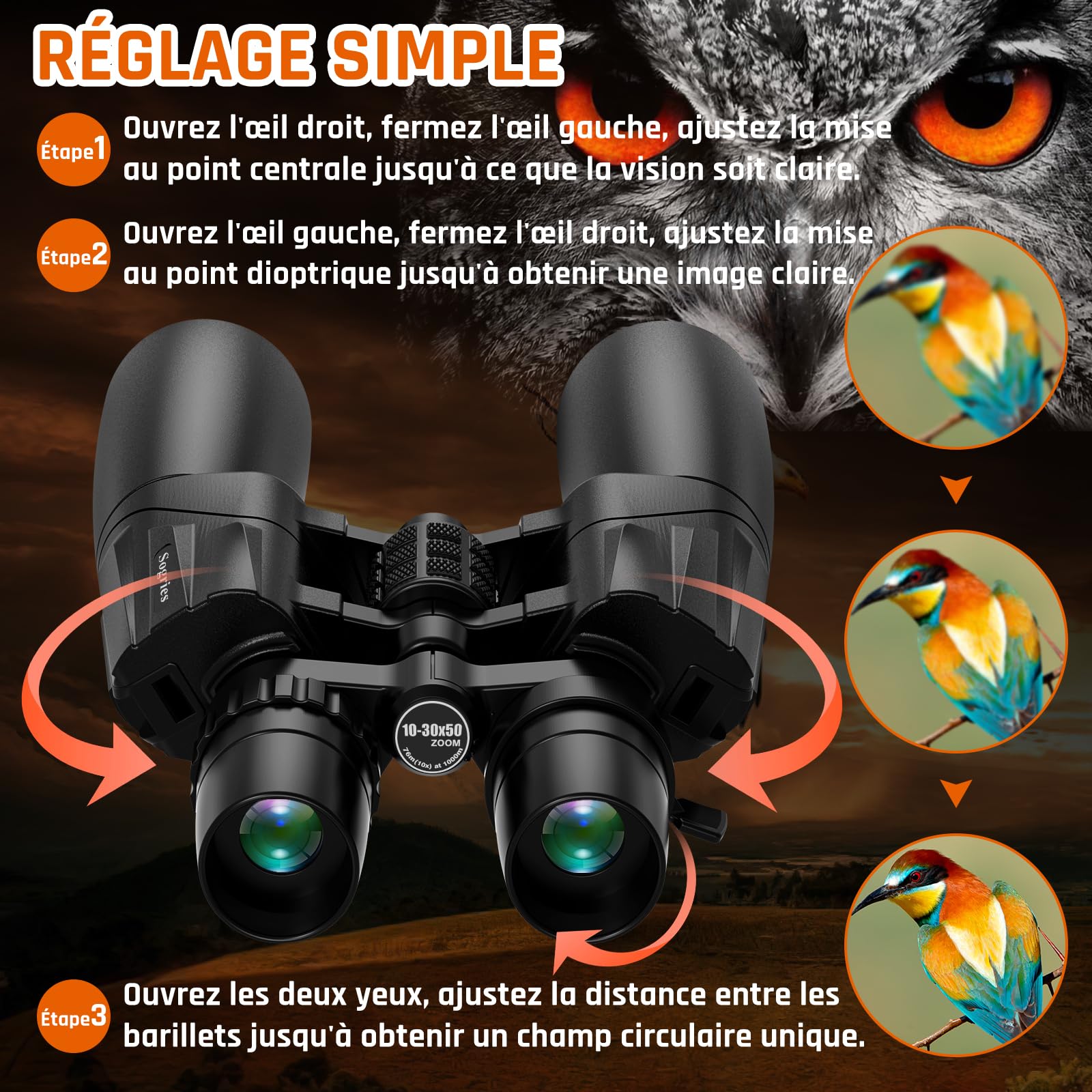 Jumelles Zoom 10-30x50 Sogries BAK4 FMC Haute Puissance pour Observation des Oiseaux