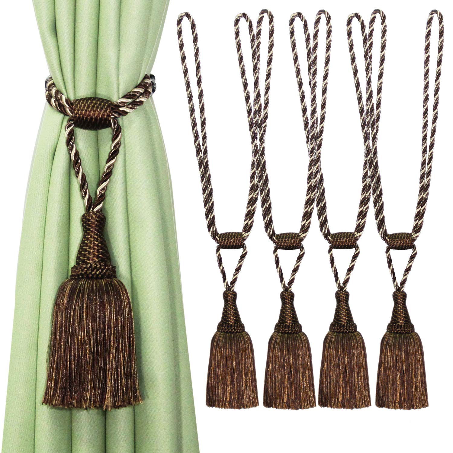 Tassel Curtain Tiebacks， Braided Rope Curtain Tiebacks 4 Pack with Tassels Multicolor Home Decor(Dark Coffee)