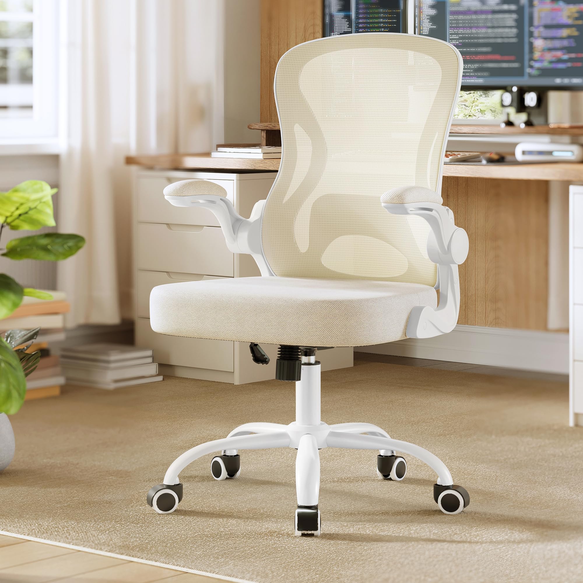 SONGMICS Ergonomic Office Chair, Mesh Swivel Desk Chair with Lumbar Support, Flip-up Armrests, Study and Bedroom, Cappuccino Beige and Cloud White OBN042LH02