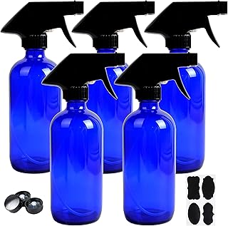5 Pack Empty Blue Glass Spray Bottles, 8 Ounce Refillable Container for Essential Oils, Cleaning Products, or Aromatherapy, Trigger Sprayer with Mist and Stream Settings