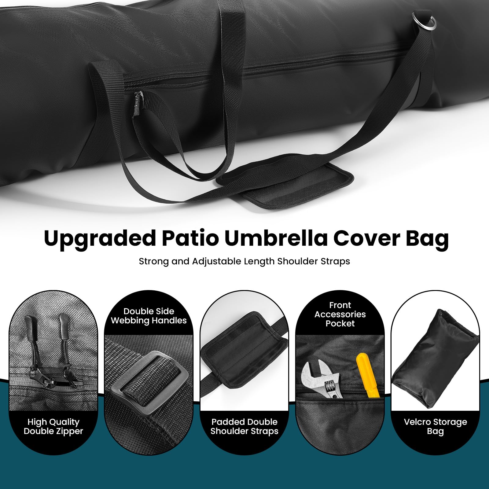 Borsa da trasporto per ombrellone da terrazzo, borsa portaoggetti per ombrellone da spiaggia 900D migliorata con tracolla imbottita e cerniera a doppia apertura impermeabile, borsa ombrello