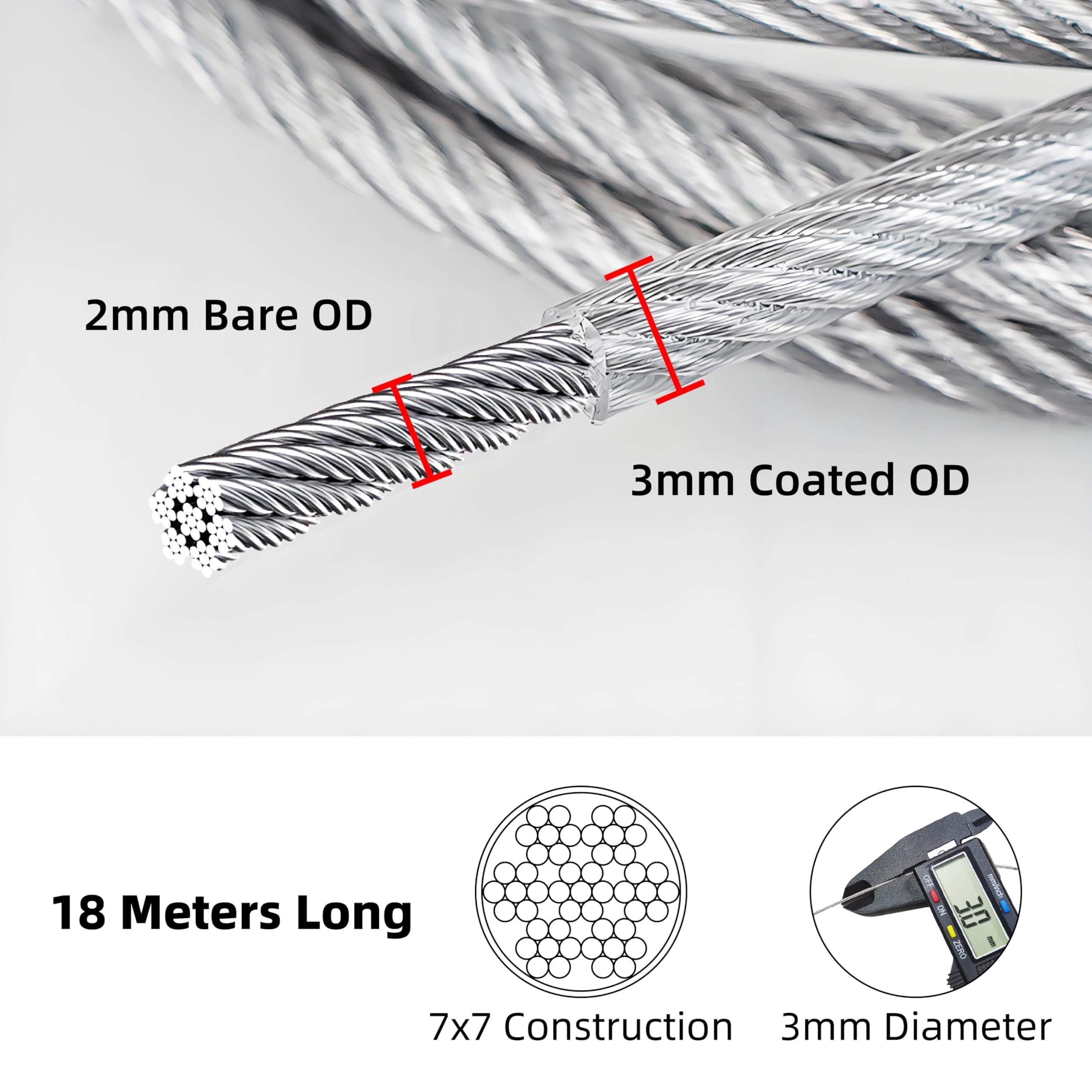 18m 3mm Cavo Acciaio Inox 304, Fune in Filo Acciaio Rivestito PVC, Nucleo 7 x 7, Corda Metallica in Acciaio
