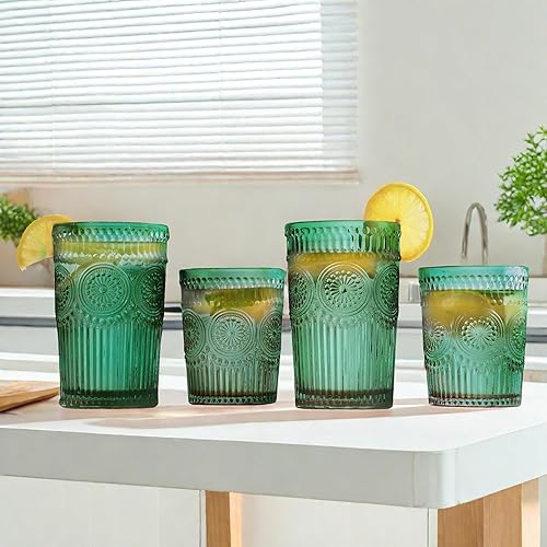 Miniatura 6 de Juego de 12 vasos de bebida vintage, vasos altos de 12 onzas y vasos de cristalería acanalados en relieve de 9 onzas para cóctel, agua, jugo, café,