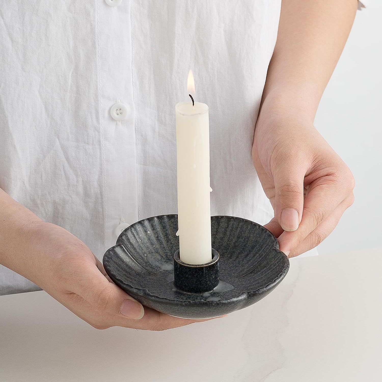 BEUNAIZER Ceramic Flower Candle Holder, 4.7 in Tabletop Tray for Home Decor