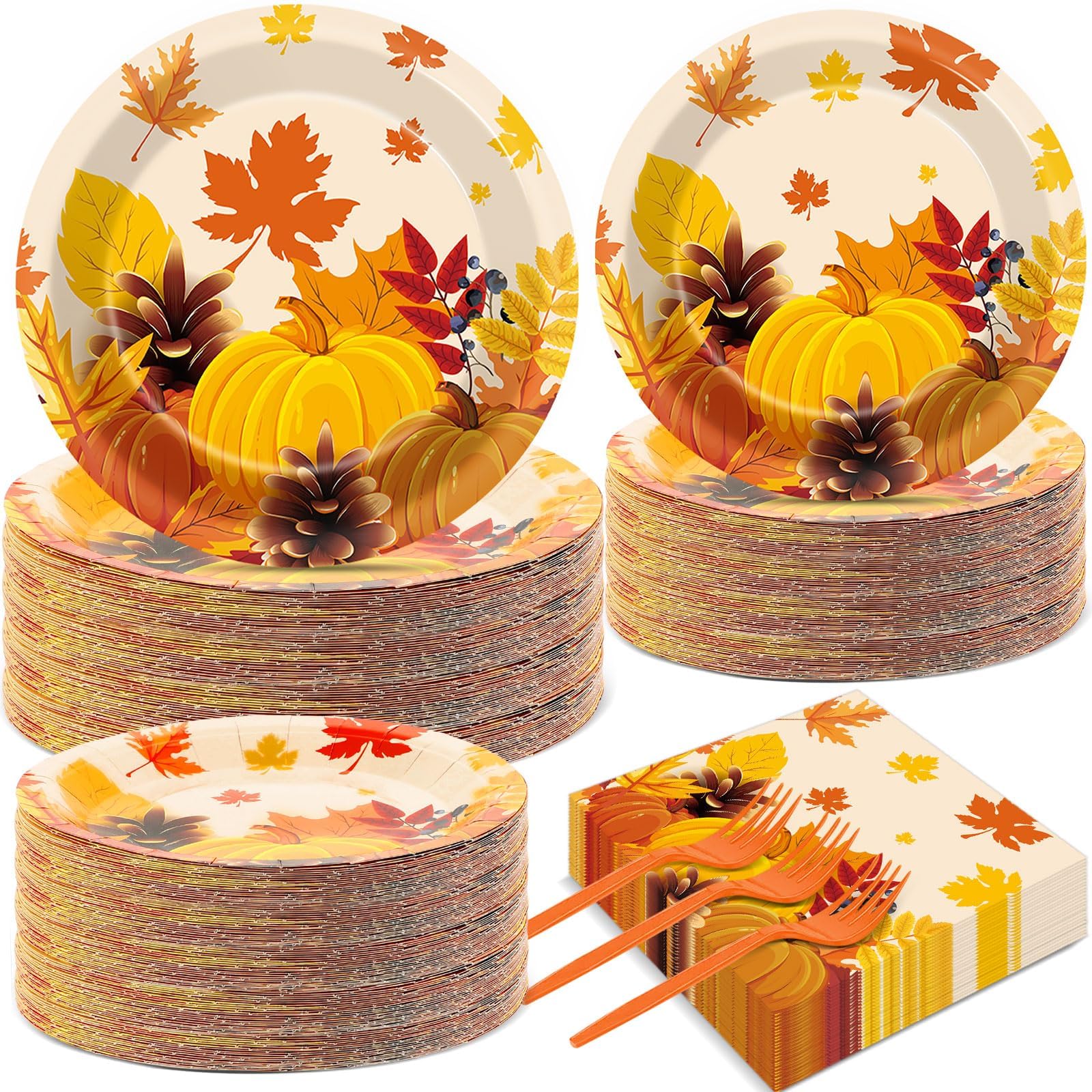50 Guests Thanksgiving Fall Plates and Napkins Party Supplies Autumn Leaves Disposable Tableware Set Pumpkin Maple Party Decorations Favors for Fall Theme Birthday,200PCS