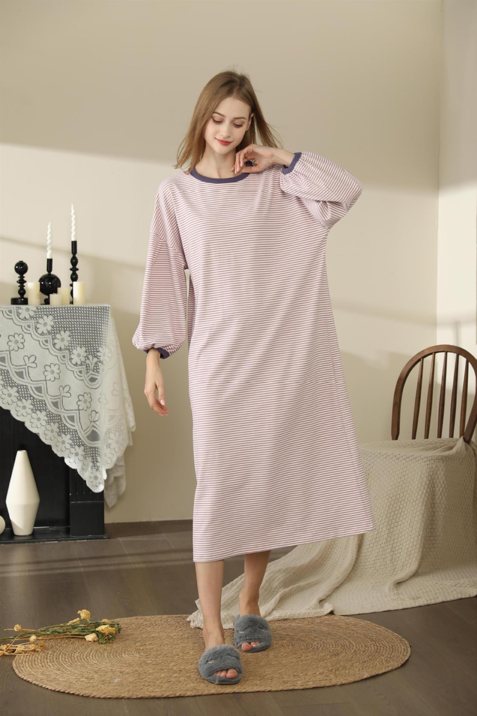 Generic Długie koszule nocne w paski dla kobiet, miękka koszulka nocna z okrągłym dekoltem luźna bielizna nocna Fit Pullover,Pink stripe,One Size