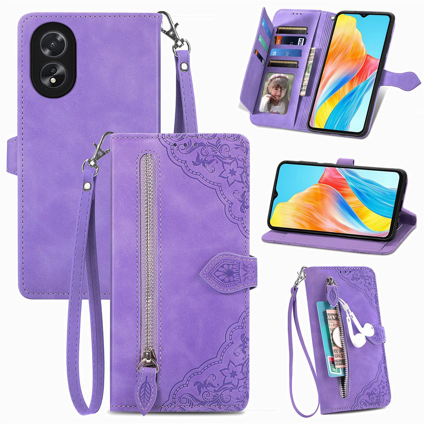 Custodia A Libro In Pelle PU Per OPPO A38 E OPPO A18, Con Fiori In Rilievo, Porta Carte, Chiusura Magnetica, Cinturino E Cavalletto, Colore Viola