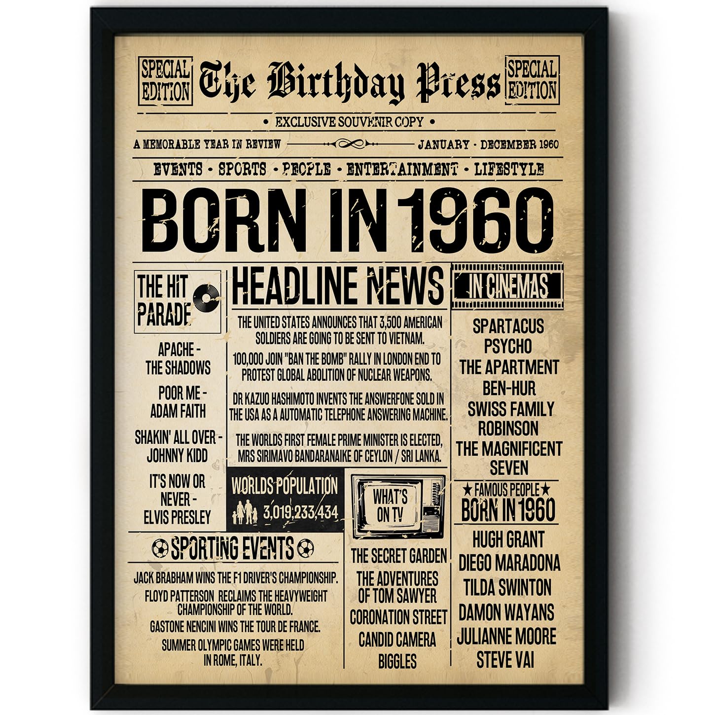 Stuff4 Women's 1960 66Th Birthday Poster Framed - Born In Vintage Newspaper - Happy 66Th Birthday Gifts For Men Retro Back In 8X10 Inch Decor Decoration Bday Party