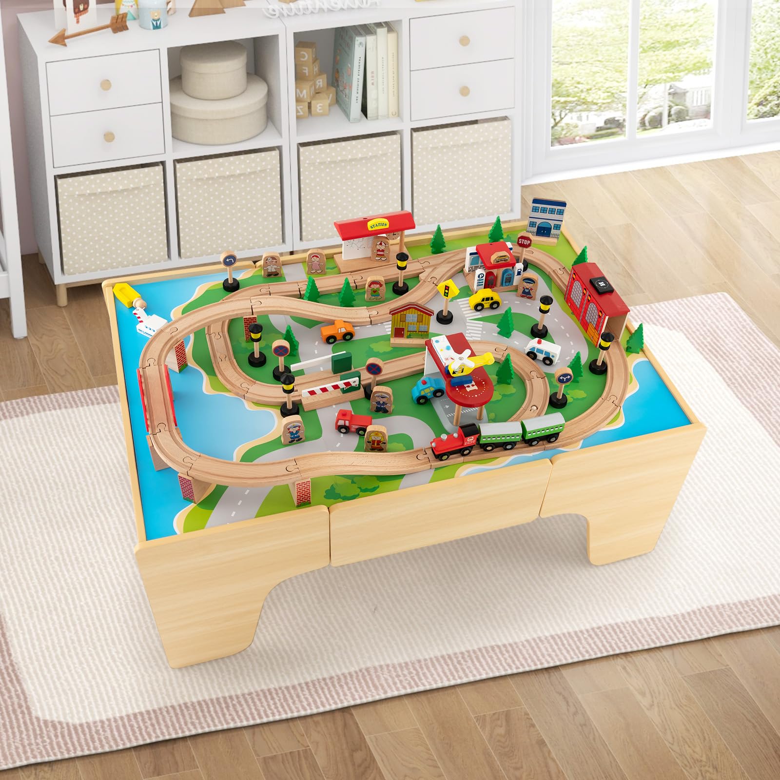 COSTWAY Mesa de Juegos de Tren de Madera, 84 Piezas, Cajón de Almacenamiento, Circuito de Tren de Madera Maciza para Niños y Niñas 3+ Años, 97 x 62,5 x 39,5 cm, Natural (84 Piezas)