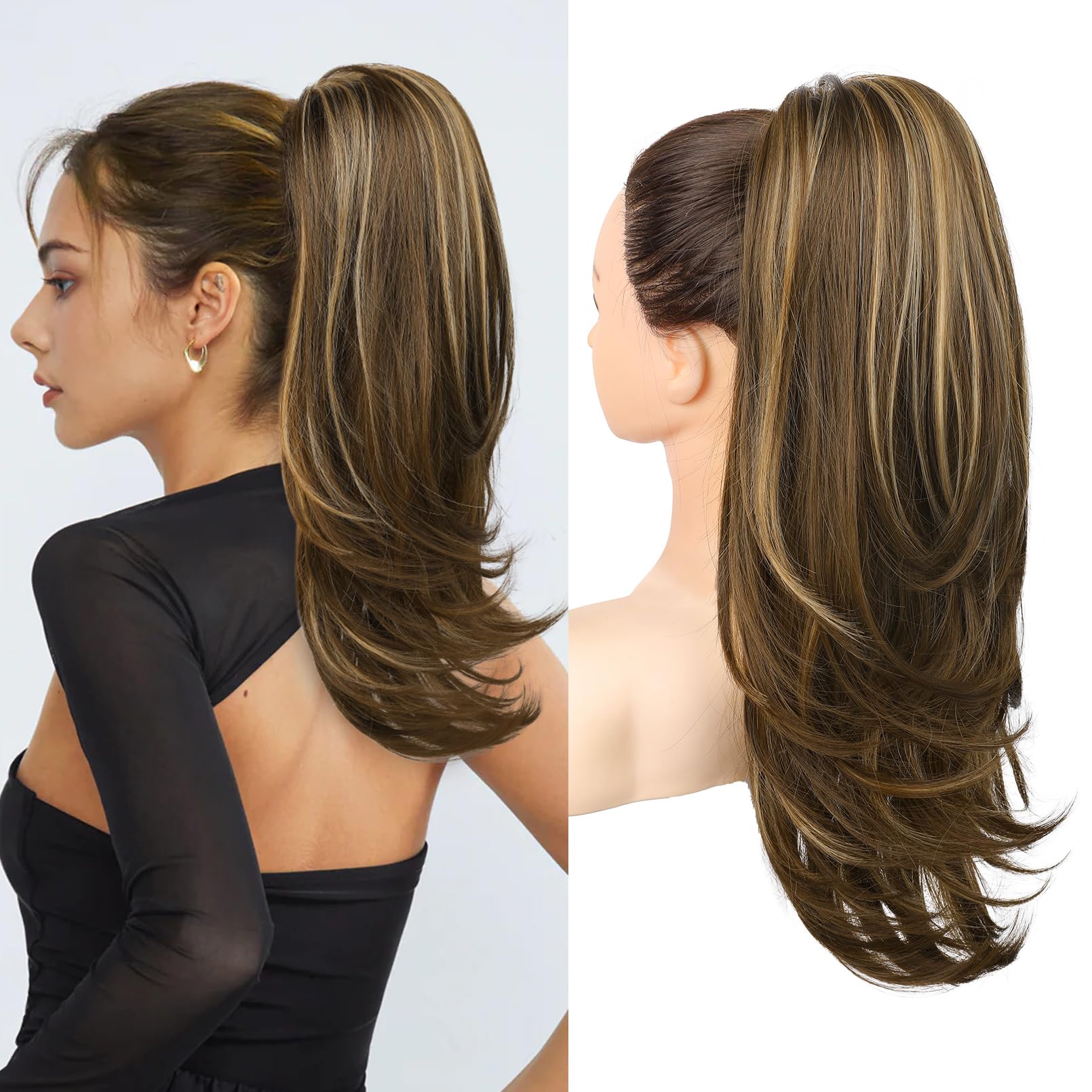 FLUFYMOOZ Ponytail Extension for Women 20 Inch Drawstring Ponytail Hair Extension for Women Soft Natural Looking Synthetic Pony Tails Hairpiece (Deep Brown with Dirty Blonde)