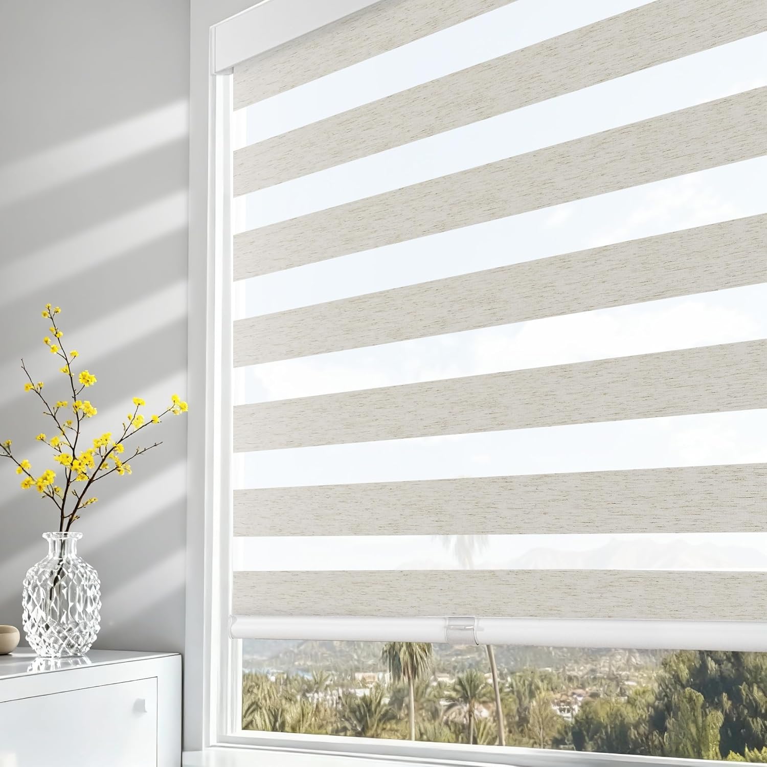 AOSKY Cordless Zebra Blinds for Windows Pull Down Roller Window Shades Dual Layer Light Filtering Privacy for Day and Night, Free-Stop Door Shades for Home Easy to Install Linen Cream 29" W X 72" H 29"W x 72"H Linen Cream