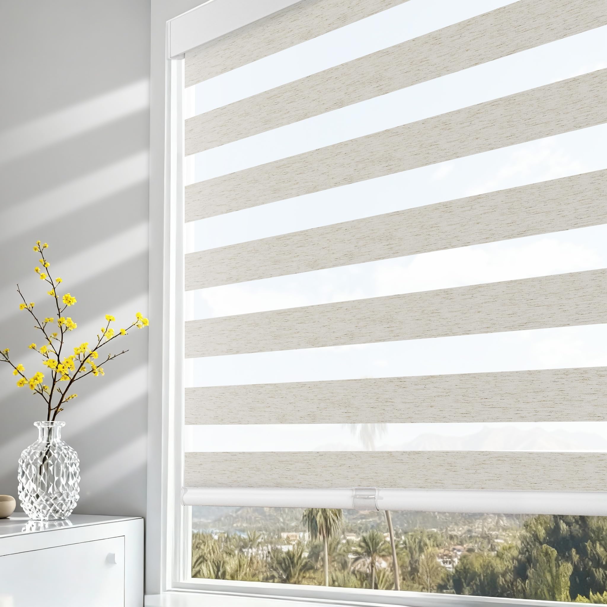 AOSKY Cordless Zebra Blinds for Windows Pull Down Roller Window Shades Dual Layer Light Filtering Privacy for Day and Night, Free-Stop Door Shades for Home Easy to Install Linen Cream 29" W X 72" H