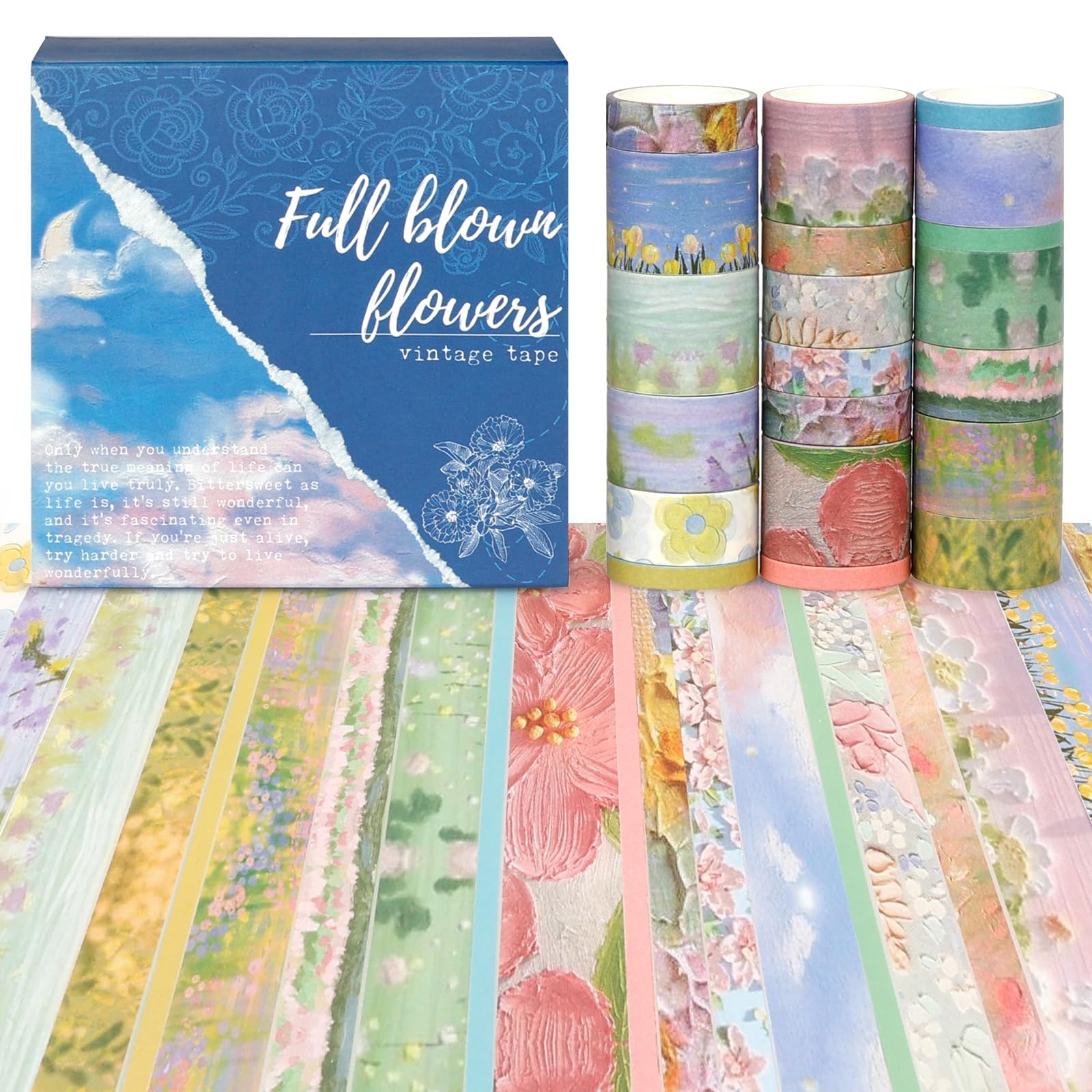 Azonee 20 Rolls Vintage Washi Tape Set, 0.2/0.4/0.6/0.8/1 in Wide Flowers Decorative Adhesive Tapes for Journaling, Scrapbooking Supplies, Bullet Journals, Junk Journal, DIY Crafts (Blue)