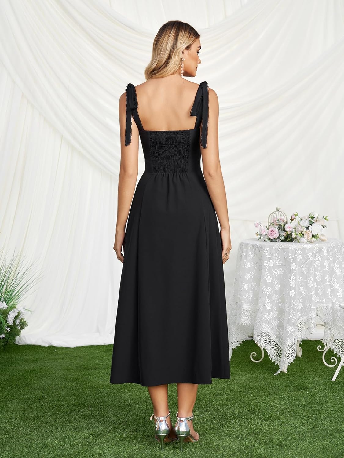 KUTUMAI Floral Corset Midi Dress Tie Shoulder Flowy Summer Wedding Guest Dresses for Women Sundress with Pockets - Image 3