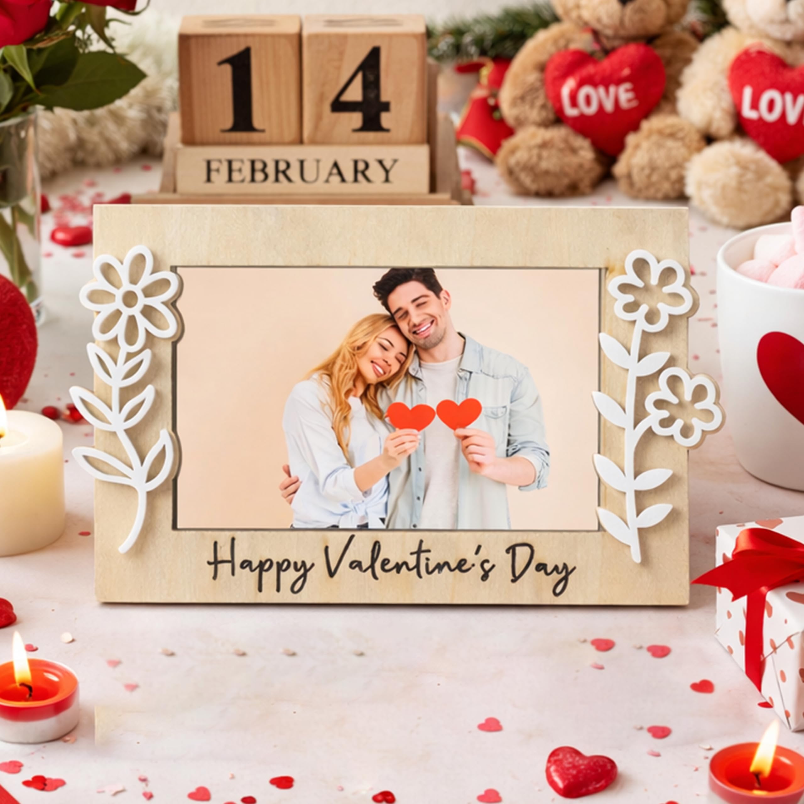 Art Street Happy Valentine’s Day Gift for Couples Girlfriend Boyfriend Romantic Couple Gift Photo Frame Love Token Floral Tabletop Photo Frame for Home Decor, for 8x13 cm Image