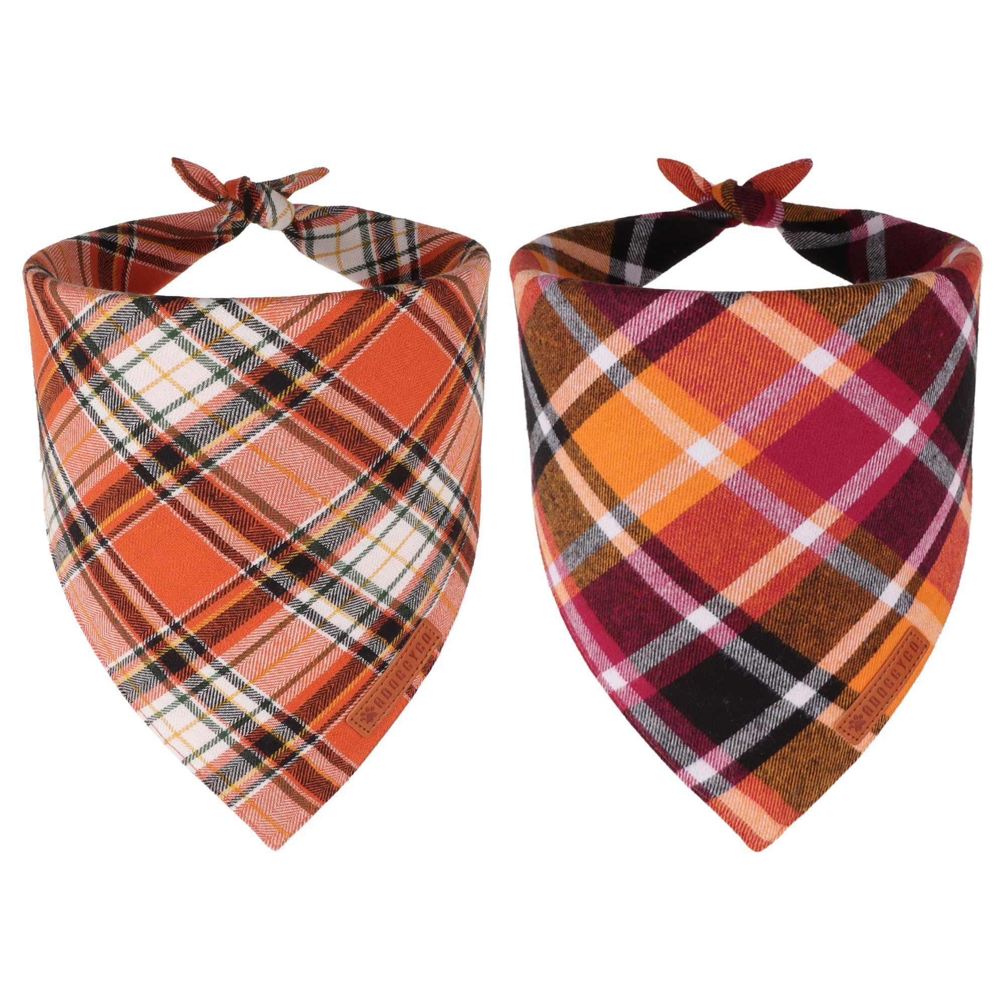 ADOGGYGO Fall Dog Bandanas 2 Pack, Premium Cotton Fabric, Orange Plaid Holiday Pet Scarf, Fall Thanksgiving Halloween Bandanas for Small Dogs (Small)