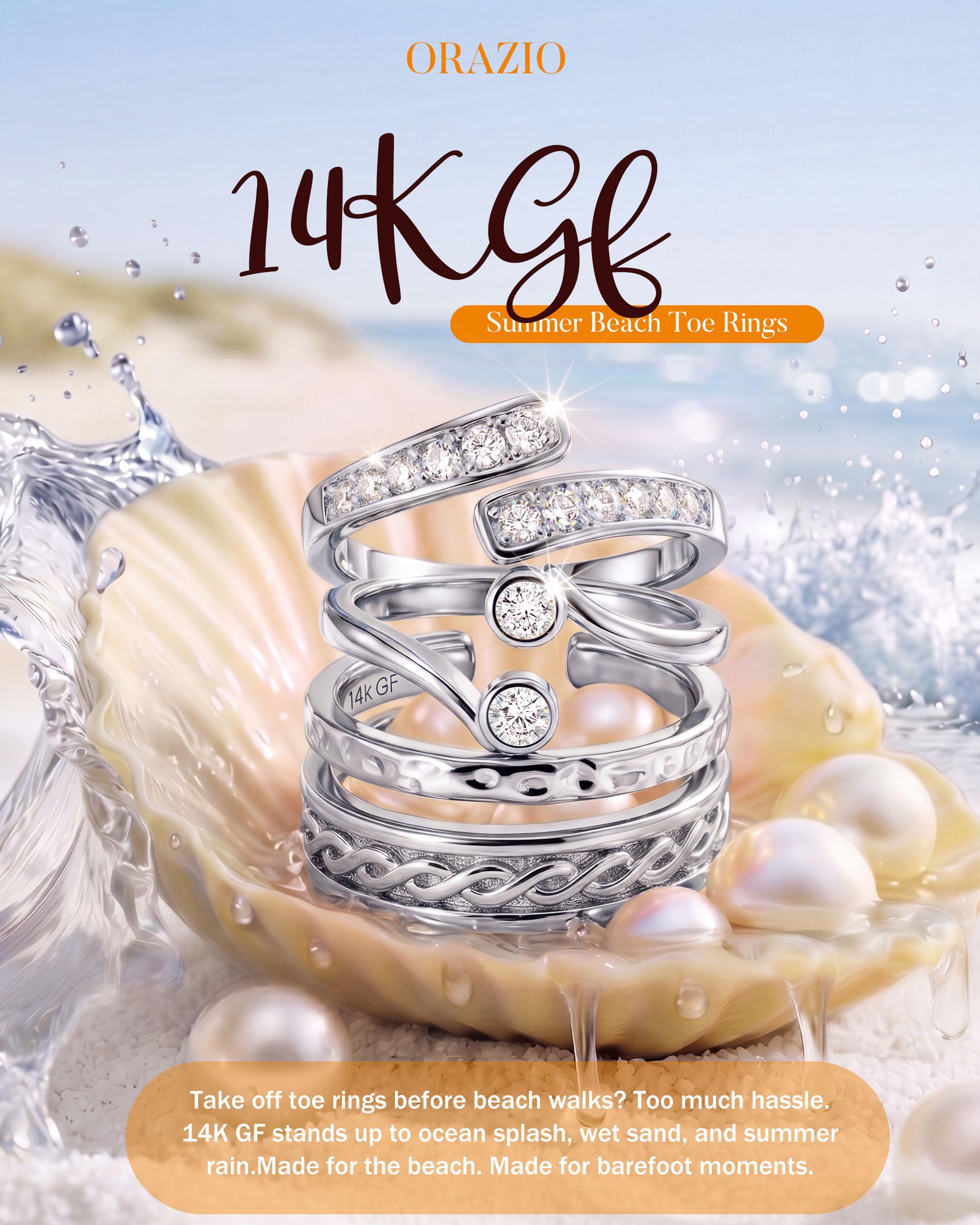 ORAZIO 9 Stück 16 Karat Gold/Silber Zehenringe für Damen Verstellbarer Offener Zehenring Set CZ Eingelegte Ringe Gold Wasserfest Ringe für Frauen Sommer Strand Fuß Ringe Schmuck