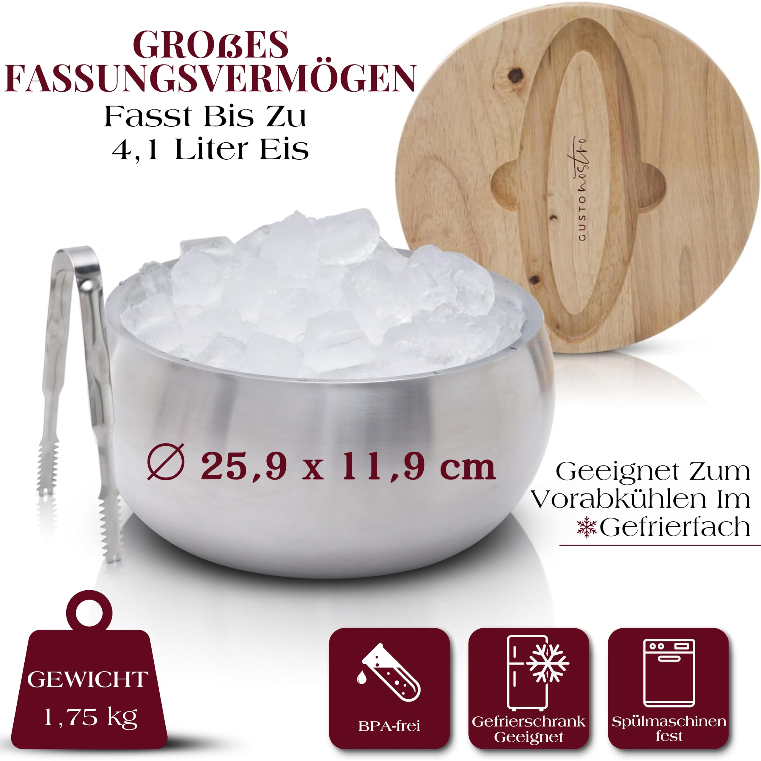 Gusto Nostro 4,1 l Eiswürfelbehälter mit Deckel und Zange, Doppelwandiger Großer Edelstahl Eisbehälter, BPA-freier Eiskübel für Cocktail-Bar, für Champagner, Wein, Bier, Kühlen für Partys