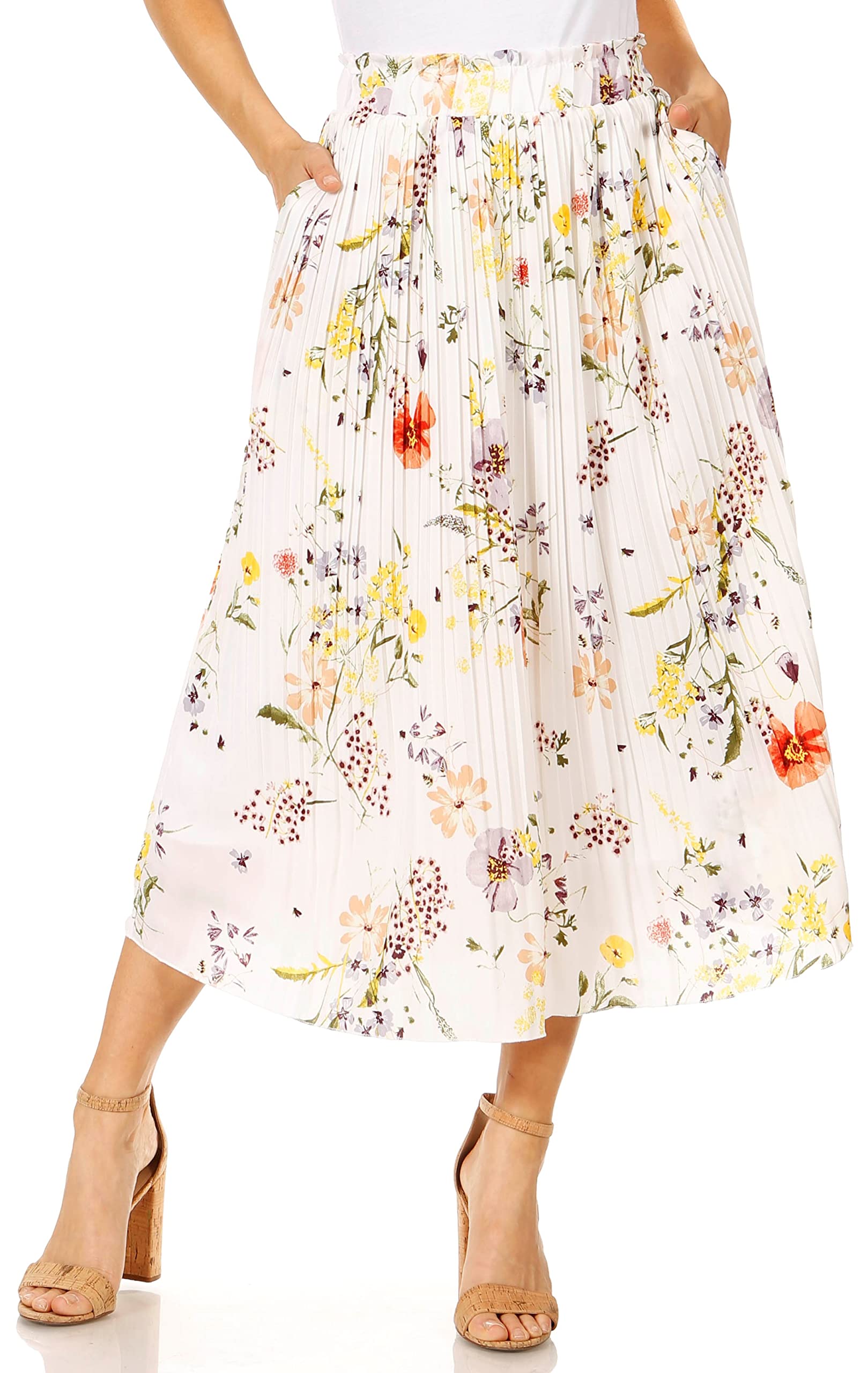 SimluPleated Midi Skirts for Women with Pockets, Elastic High Waisted Skirt Reg & Plus Size Womens Summer Skirts Trendy 2023