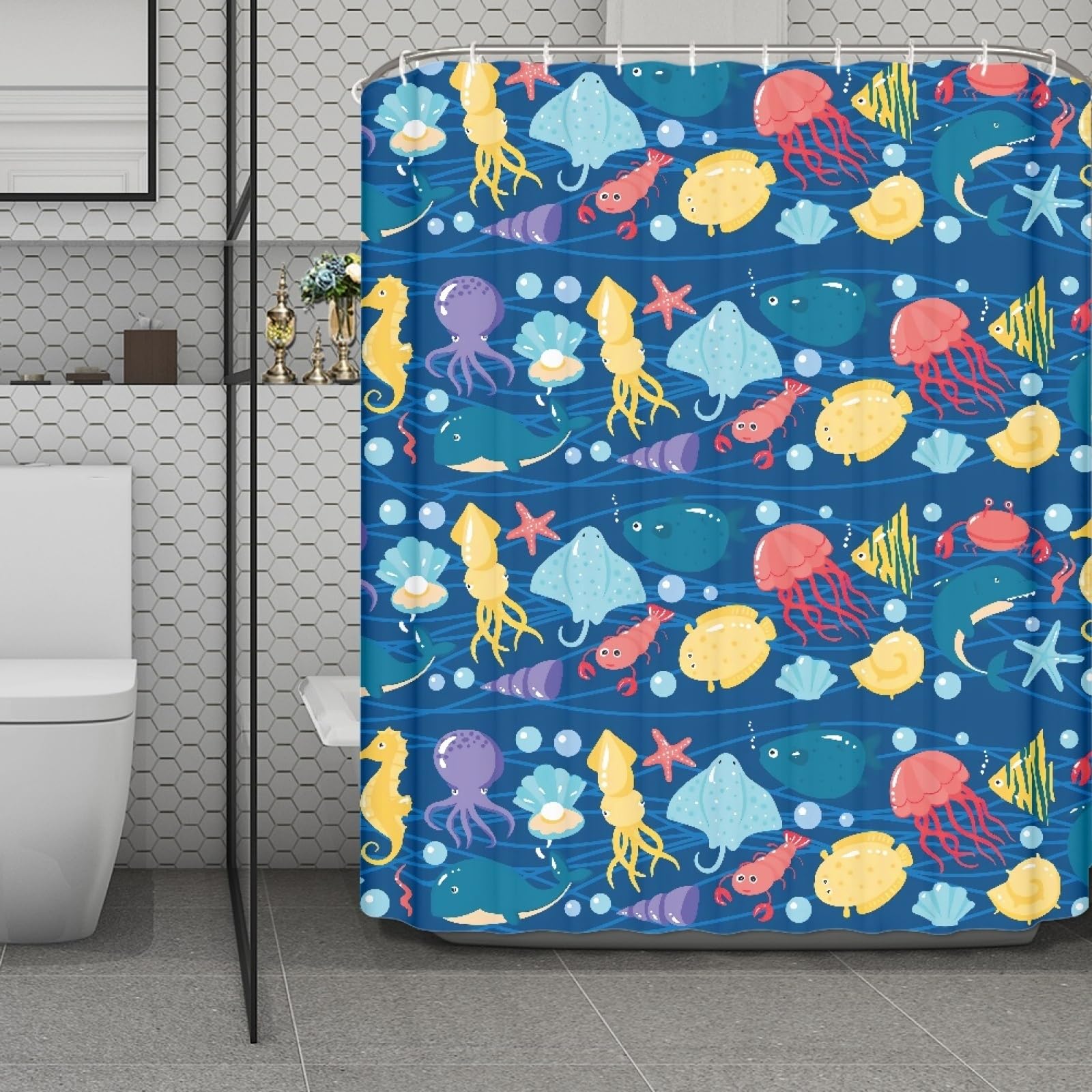 Rideau de douche 200x240 anti-moisissure bleu et jaune imperméable pour baignoire avec crochets