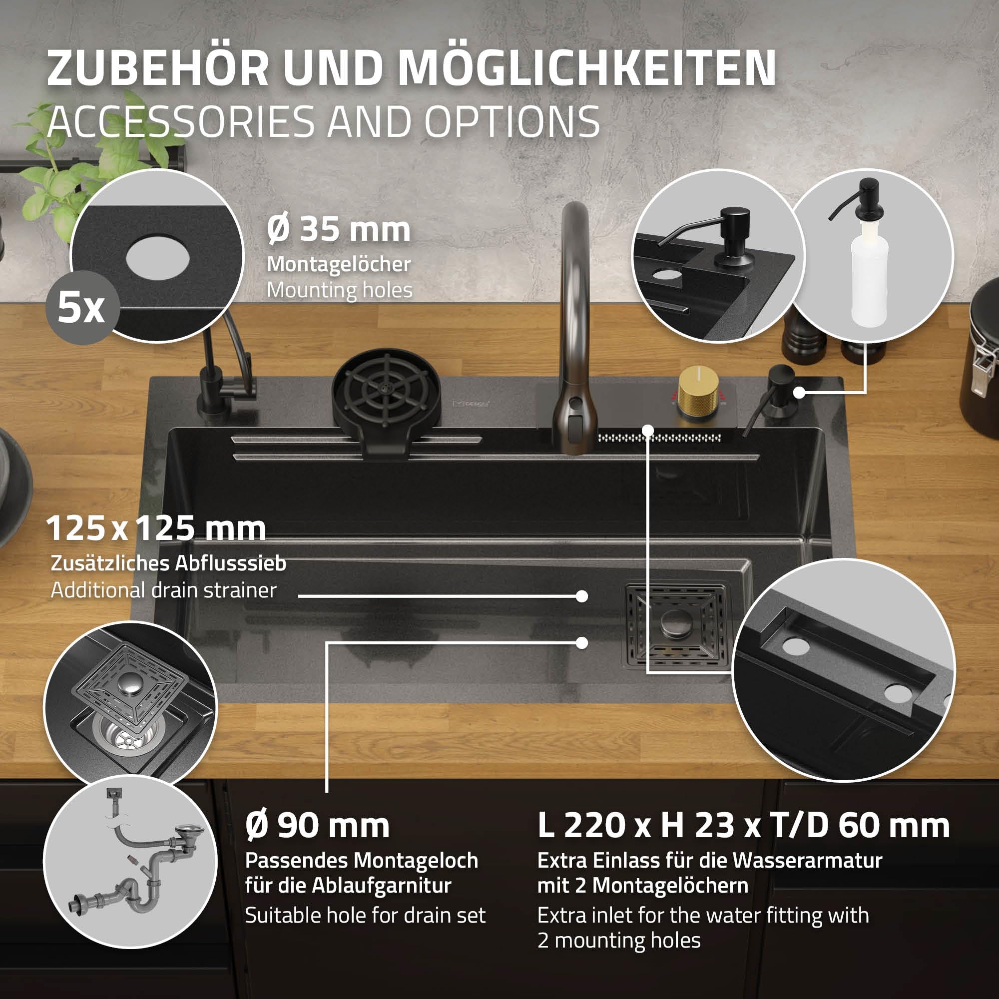 ML-Design Évier Multifonction Inox 80x46 cm Anthracite, Évier de Cuisine Encastré Rectangulaire, avec Robinet avec Douchette Extractible Distributeur de Savon et Autres Accessoires, 1 Bac Lavabo