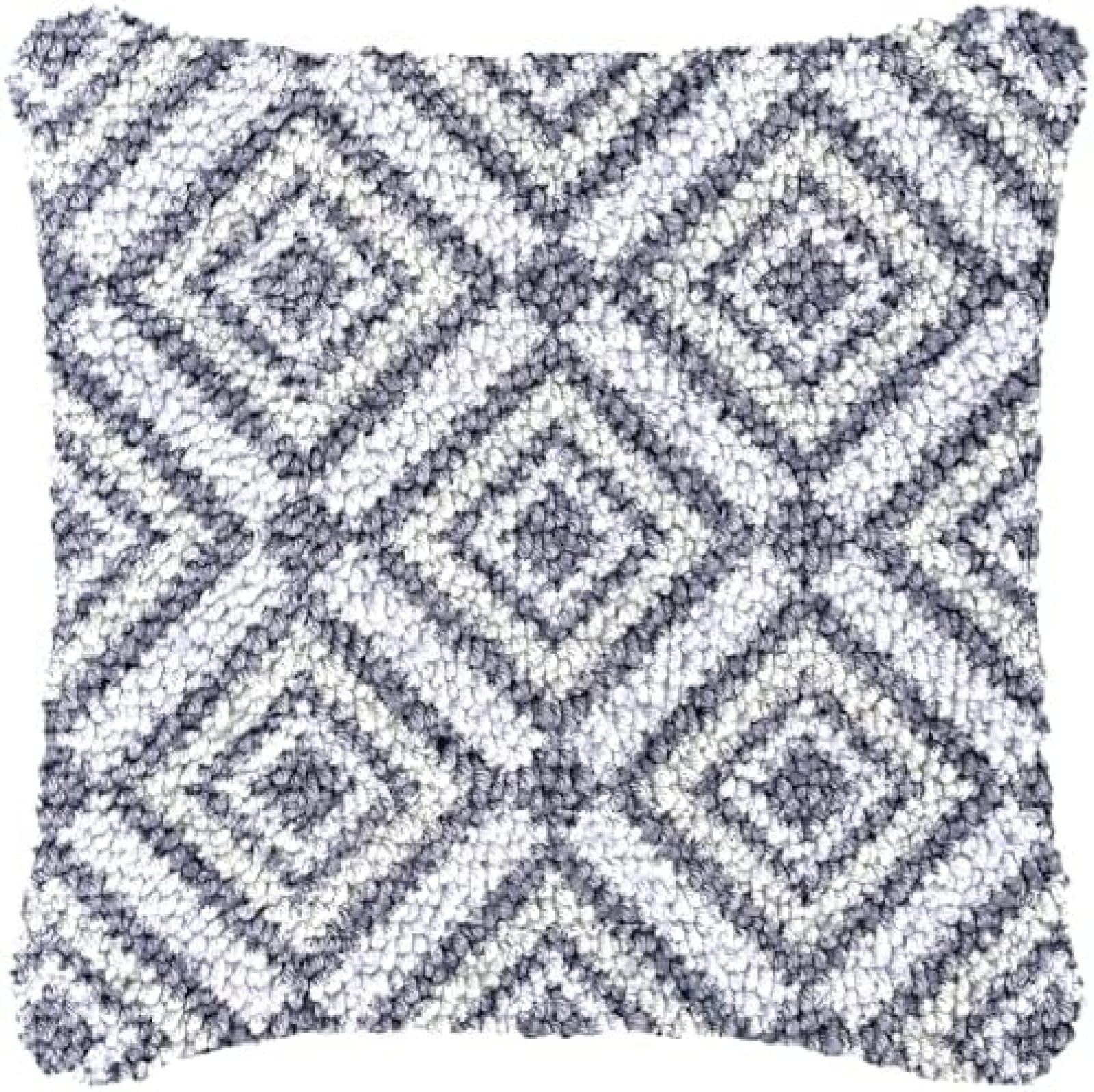 ANSIWEIGO White and Grey Graphics Latch Hook Pillow Kit for Adults Throw Pillow Cover with Printed Canvas Crochet Hook Yarn Needle Craft DIY Handmade Cushion for Home Decor kit,17x17 in