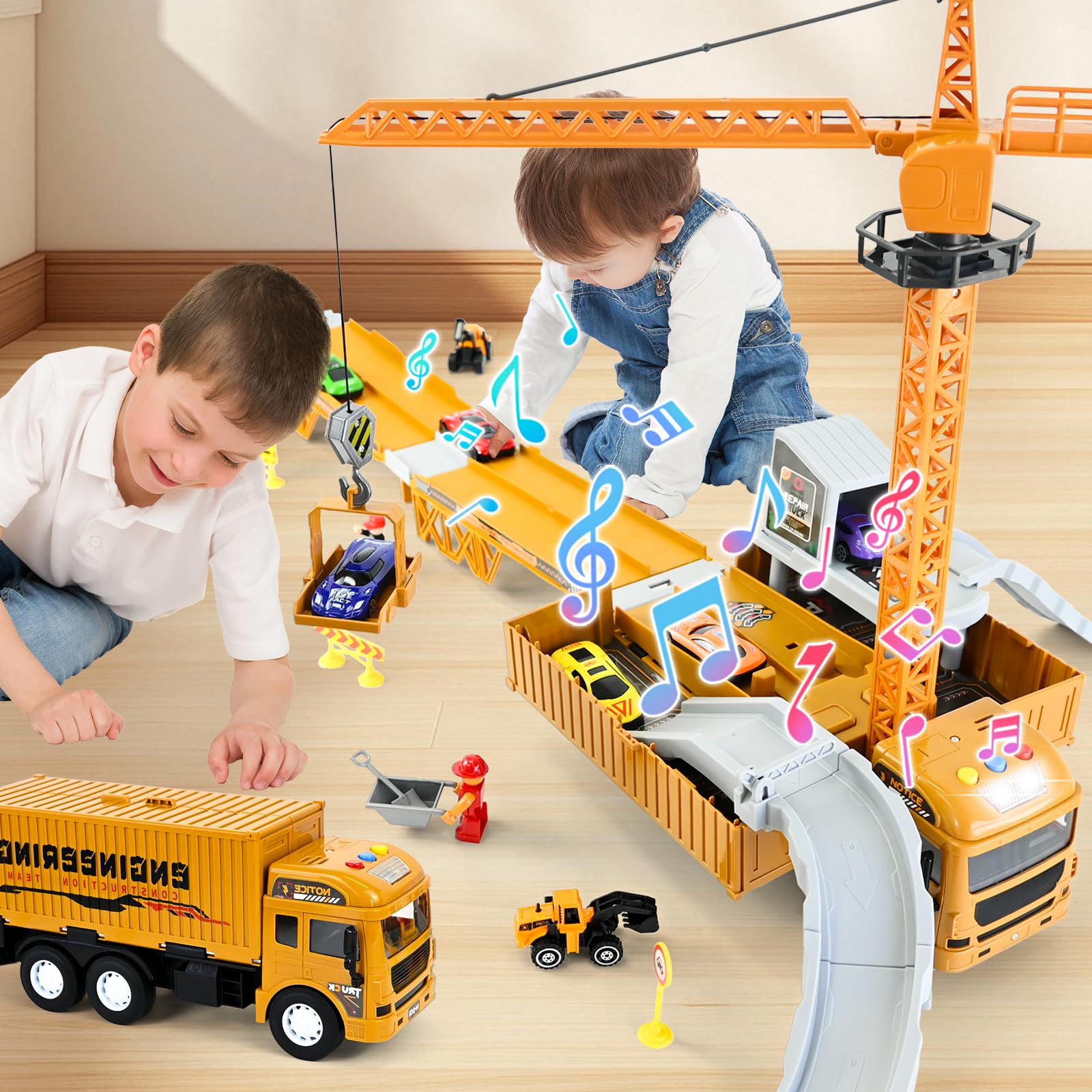 Joellfuner Camion da Cantiere Giocattolo per Bambini, Veicolo Giocattolo da Trasporto con Musica, Luci e Doppia Pista, Camion Carrier Auto Giocattolo Ragazzi con Costruzione Torre Gru per 3+ Anni