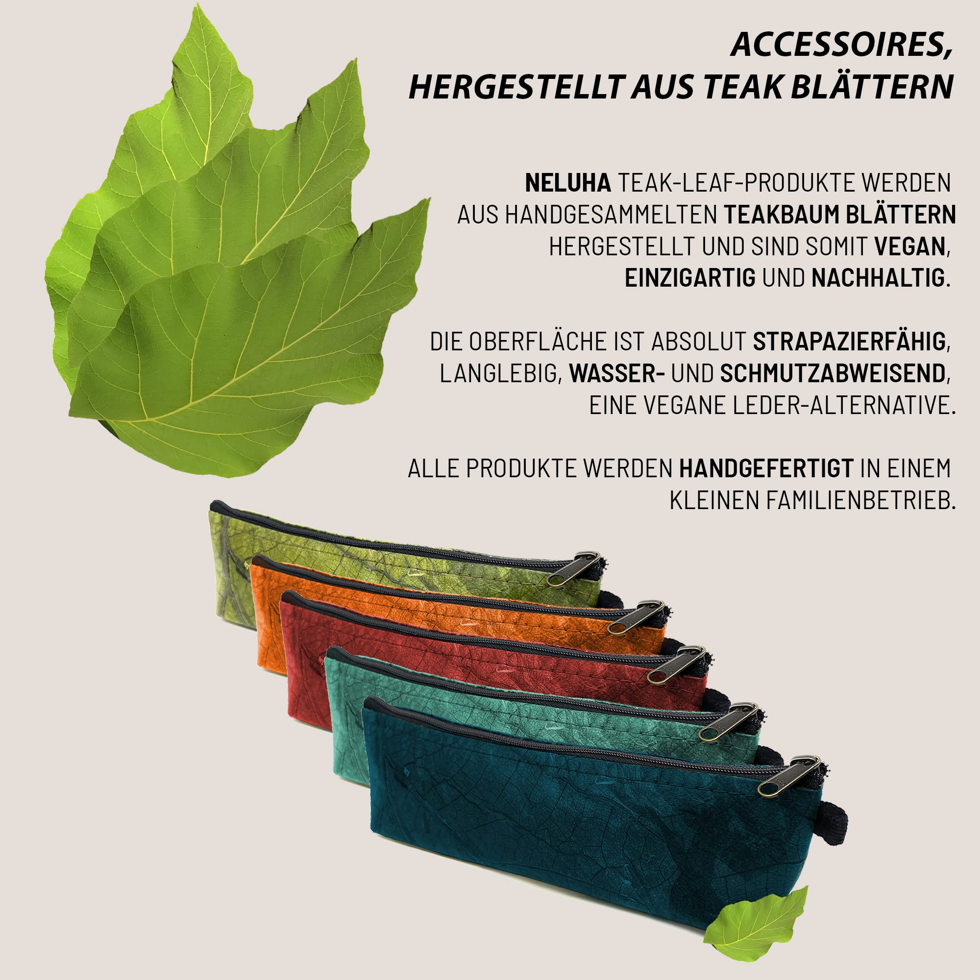 NELUHA Small Pencil Case made of Teak Leaves, Vegan Sustainable Leather Alternative, Pencil Case, Cosmetic Bag, Pen Bag - Image 2