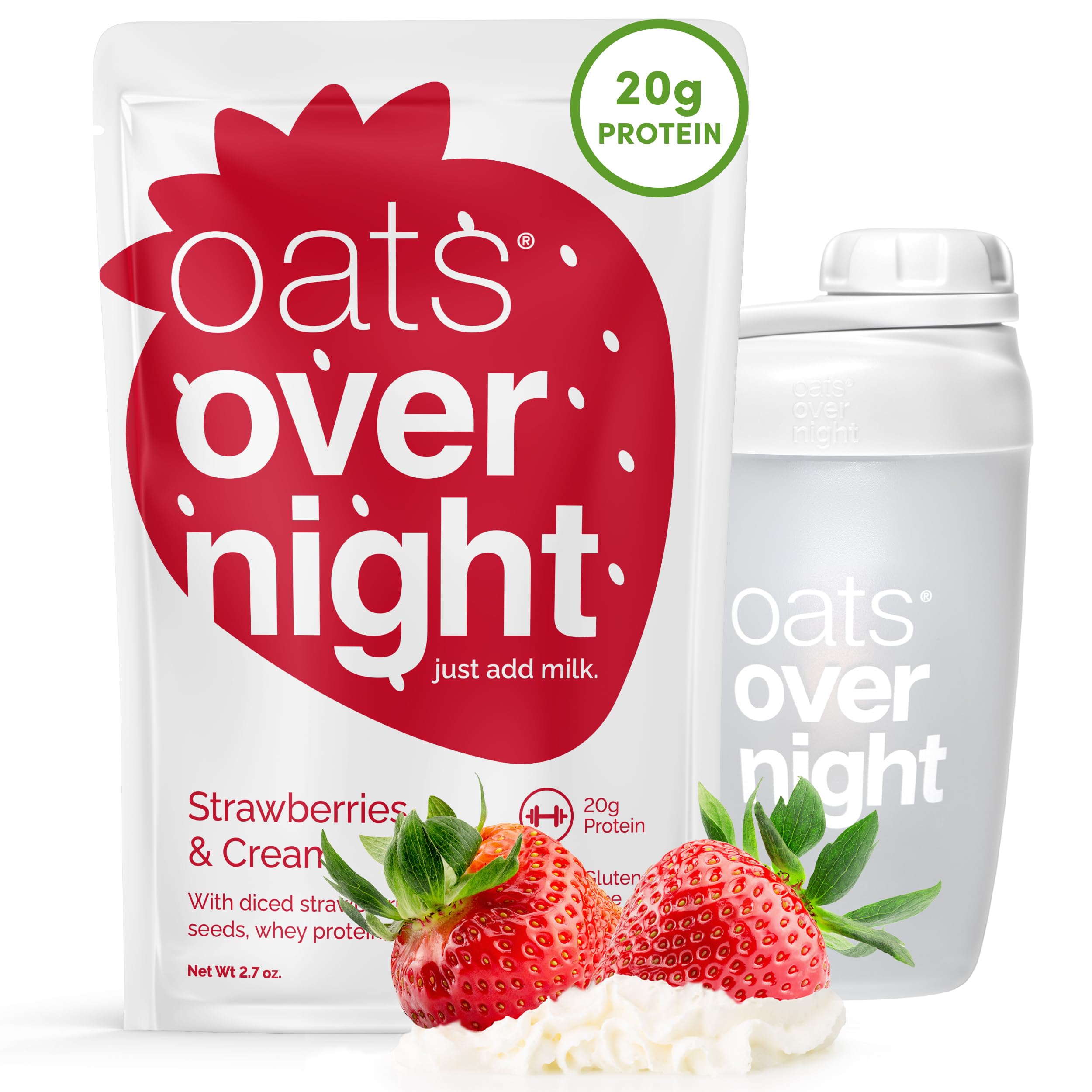 Oats Overnight - Strawberries & Cream - 20g Protein, High Fiber Breakfast Shake - Gluten Free, Non GMO Oatmeal (2.7 oz per Meal) (8 Pack + Shaker Bottle)