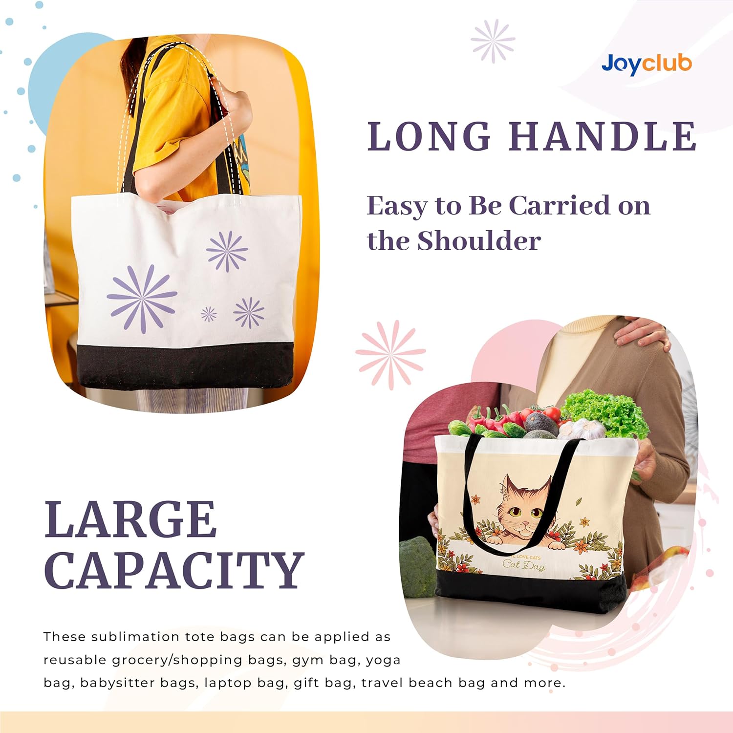 Joyclub 10 Pack Large Canvas Tote Bags Bulk Sublimation Blanks with Long Handle 18.5 x 15 x 4 inch Heavy Duty Totes Polyester Bags Wide Reusable Grocery for DIY Decorating Crafting Painting Shopping - Image 5