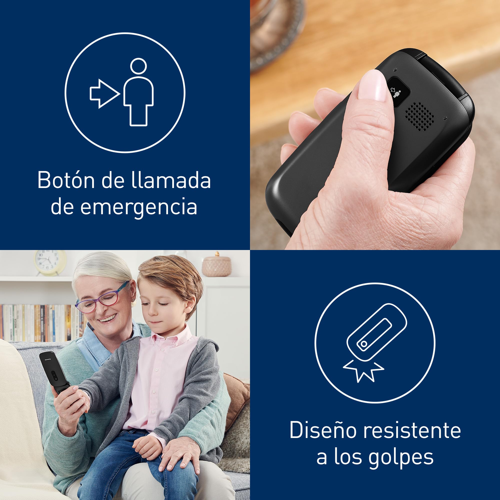 Panasonic KX-TU446EXB Teléfono Móvil Para Personas Mayores (Resistente a Golpes, Cámara, Incluye Auriculares y Cargador, Indicador LED), Negro
