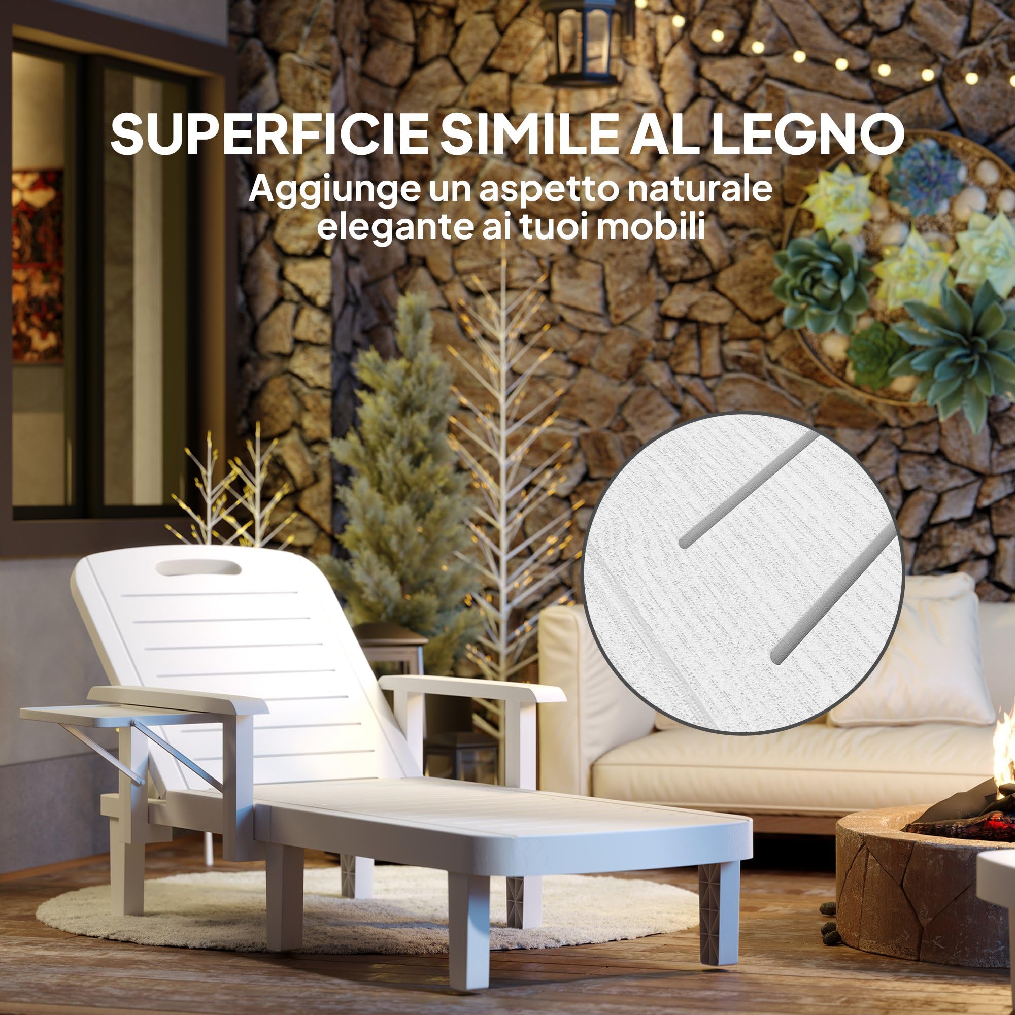 Outsunny Set 2 Lettini Prendisole con Schienale Regolabile su 5 Posizioni, Tavolino e Braccioli Ergonomici, Sdraio da Giardino in Polipropilene Impermeabile, 79x158x88 cm, Bianco