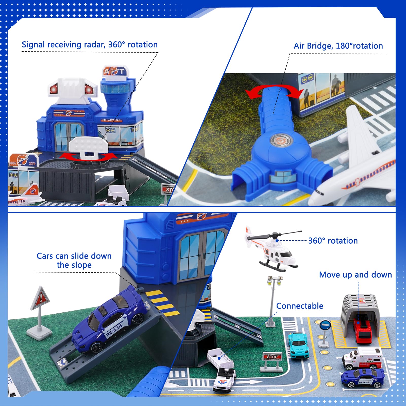 Set di Giocattoli Aerei per Bambini con Terminal, la Torre Radar e 9 Veicoli: Carrelli per Bagagli, Auto Polizia, Aereo Passeggeri, Barriera Stradale e Personale a Terra Ragazzo Ragazze Regalo 3+