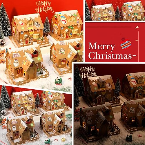 Miniatura 5 de Hiboom Juego de 16 manualidades de Navidad, juego de casa de pan de jengibre de Navidad, casa de manualidades con luces LED, haz una casa de pan de