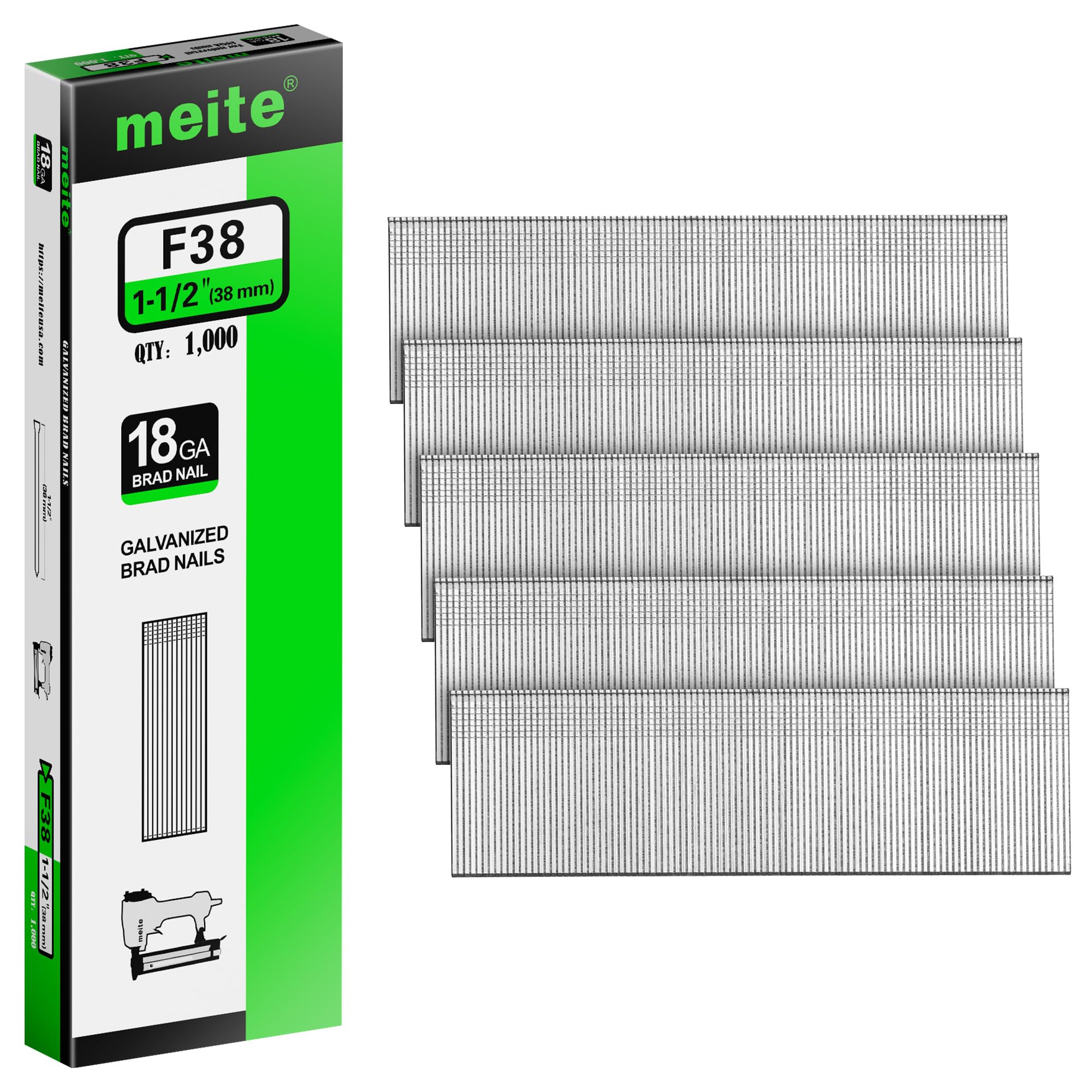 Meite Light 18 Gauge Brad Nails, 38Mm 18Ga Brad Nails Galvanized Small Finishing Nail Gun Nails For Pneumatic, Electric Brad Nailer Gun (1,000 Counts)